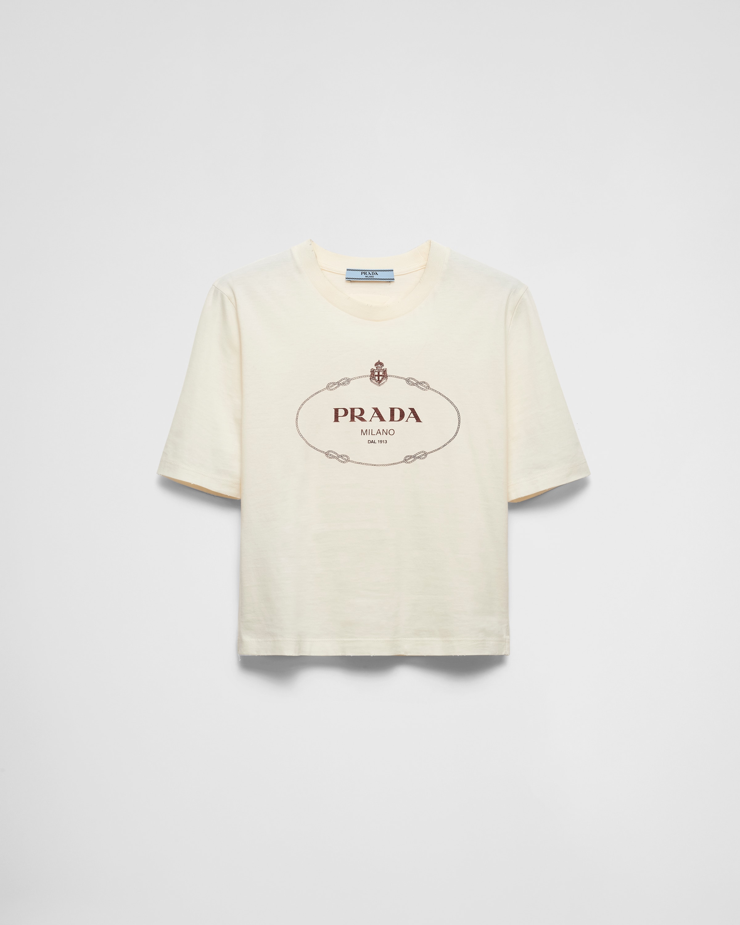 Shop Prada Printed Jersey T-shirt In Ivory/garnet