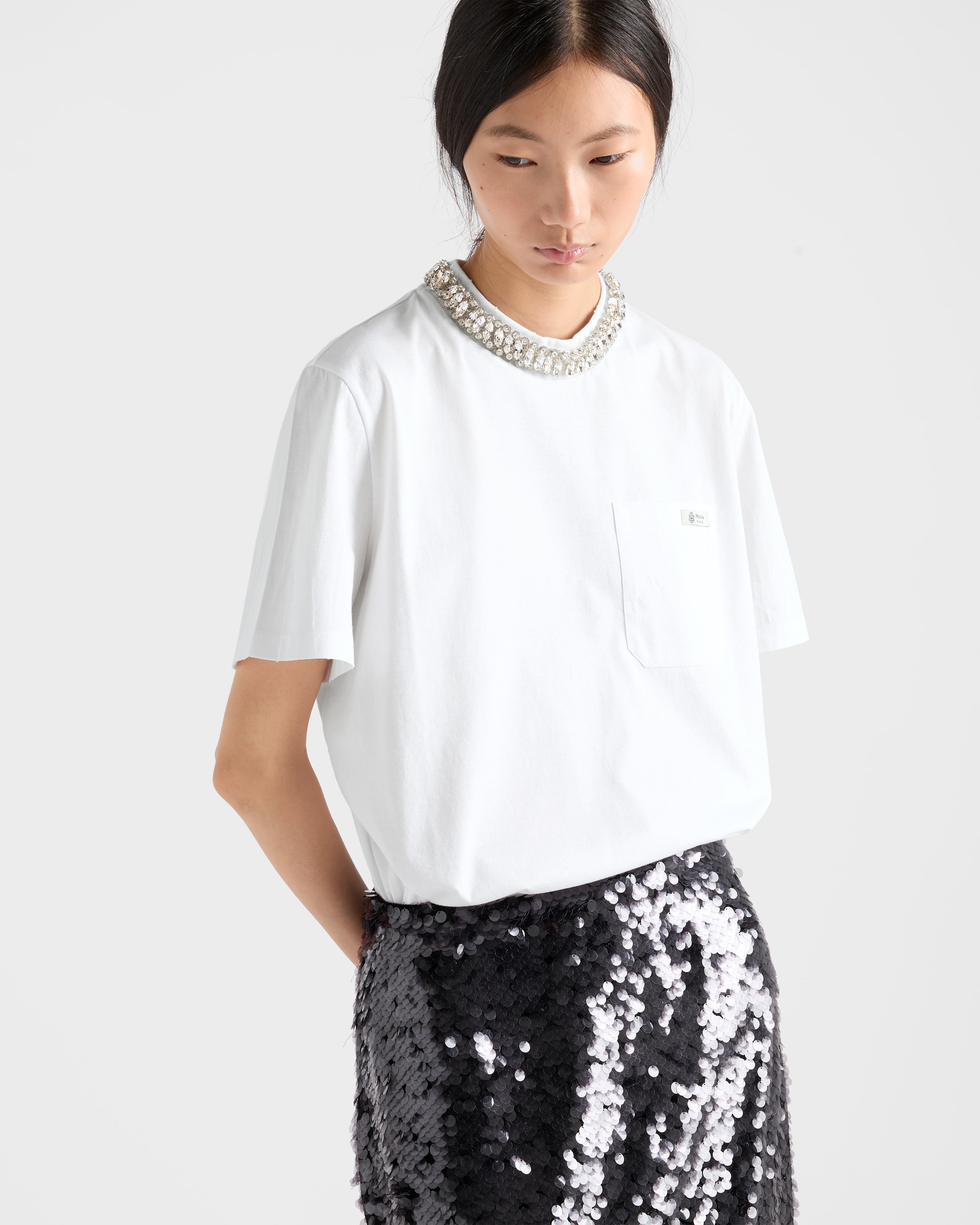 White Embroidered jersey T-shirt | PRADA - United States