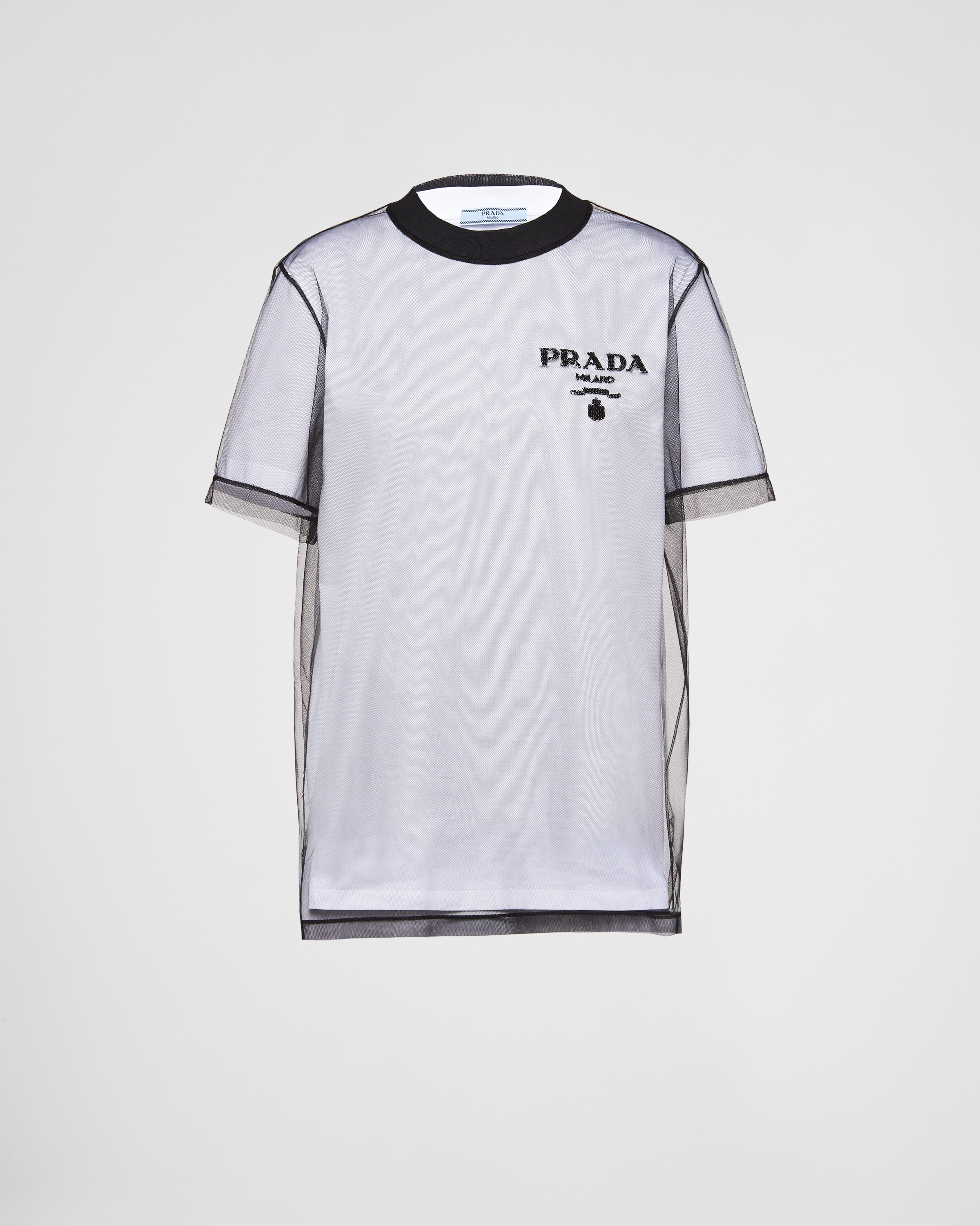 White/black Embroidered tulle and jersey T-shirt | Prada