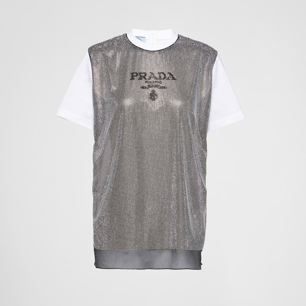 Prada تيشيرت من الجيرسيه والشيفون المرصَّع 1
