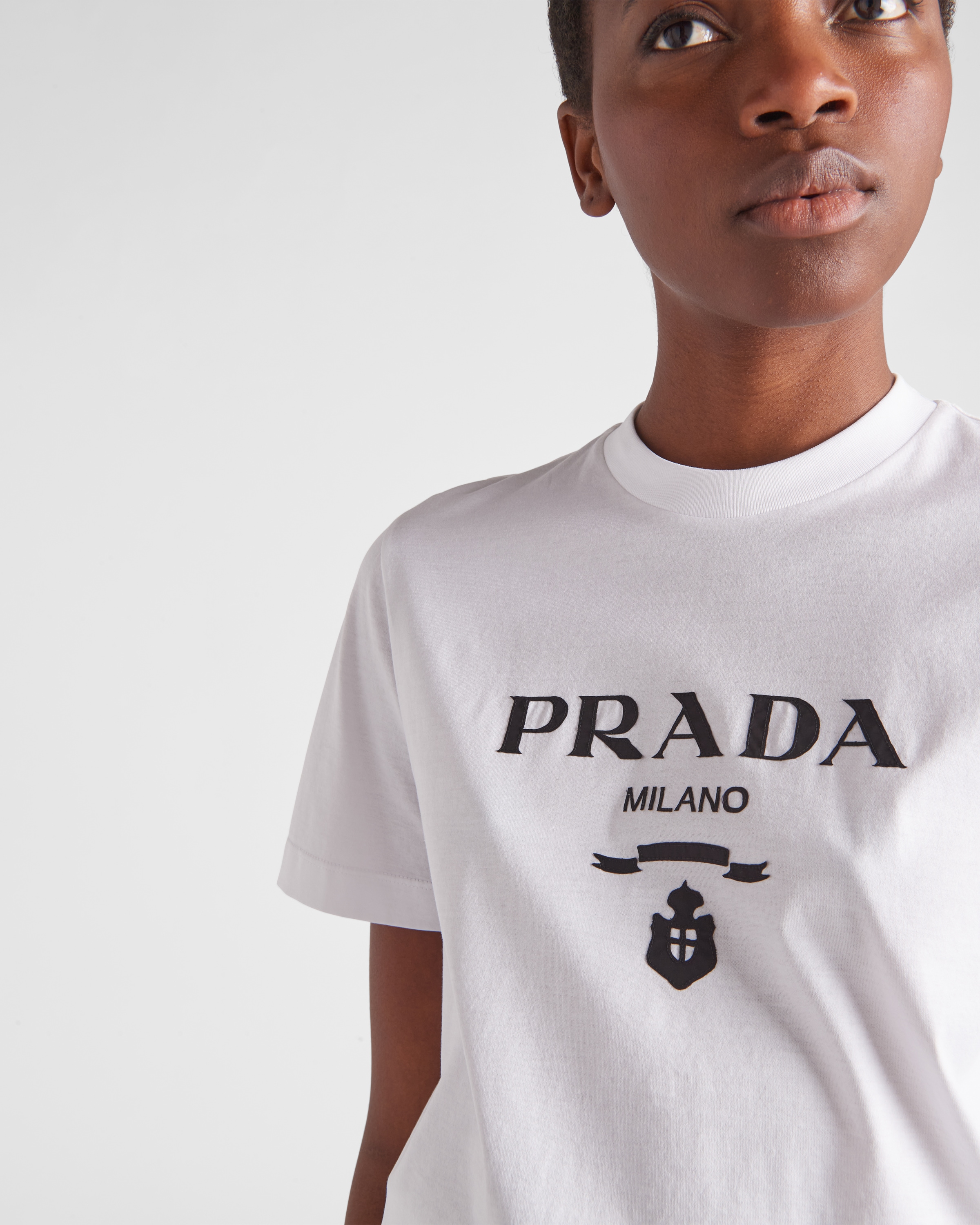 White Embroidered jersey T-shirt | Prada White Embroidered jersey T-shirt | Prada