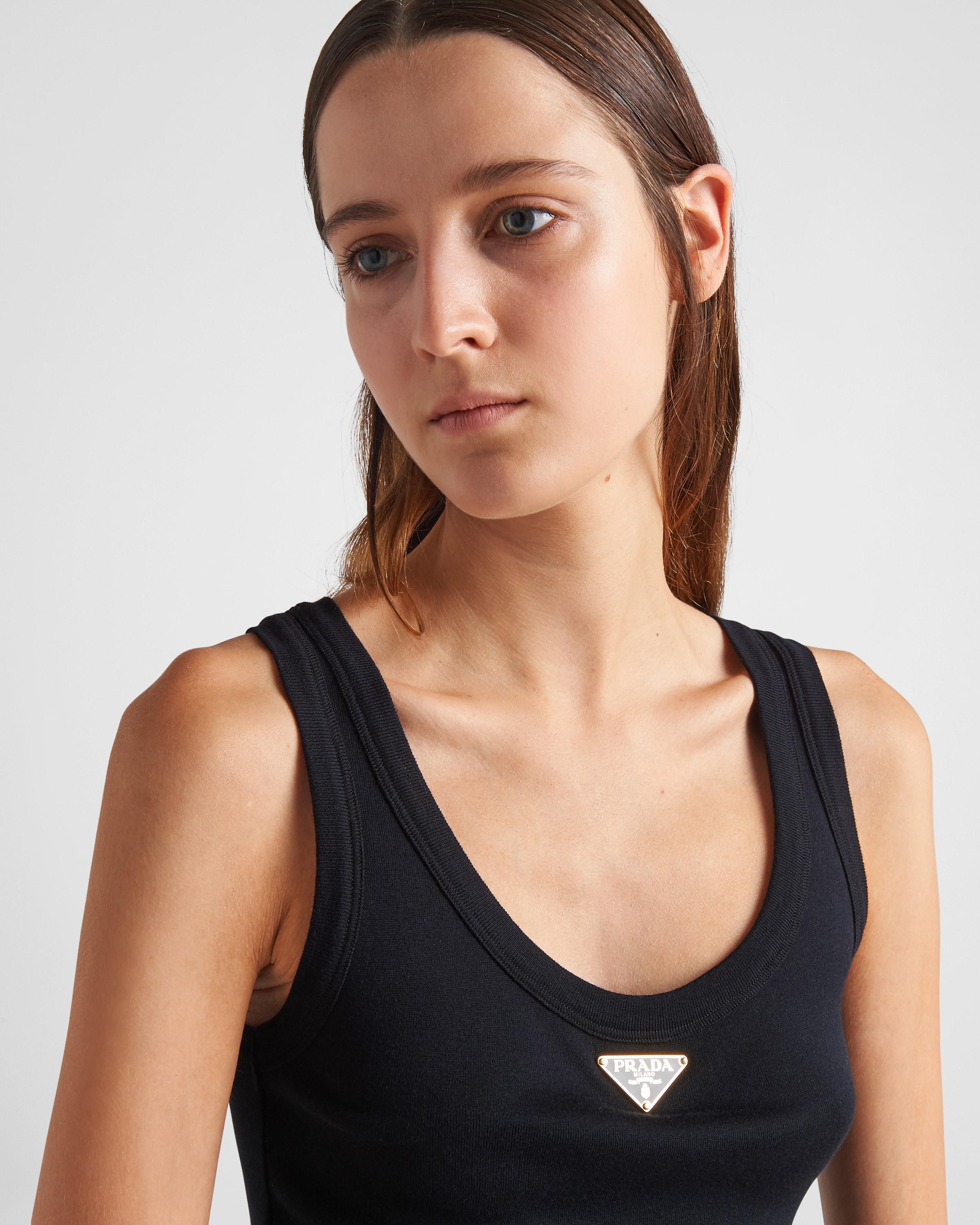 Black Ribbed Knit Jersey Tank Top PRADA