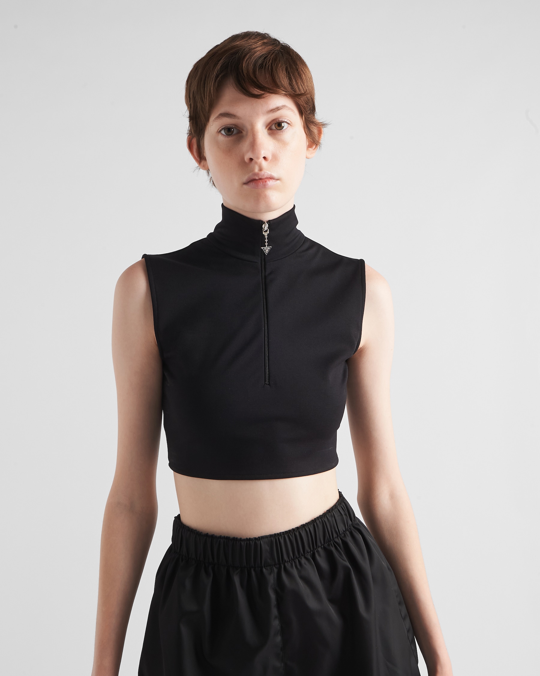 Spot Mesh Insert Stretch Jersey Top in Black - Originals UK