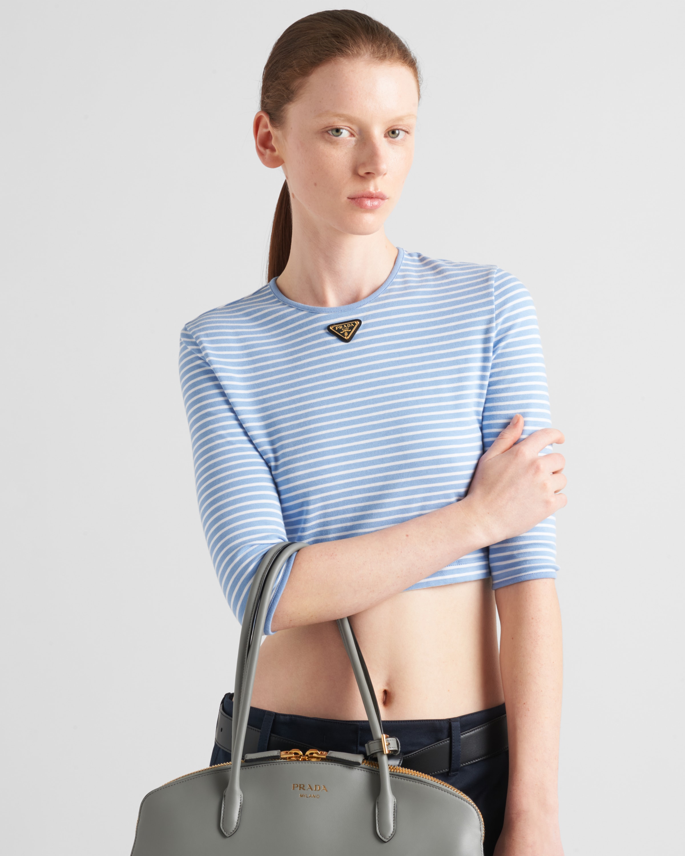 Shop Prada Striped Jersey Top In Sky Blue/white