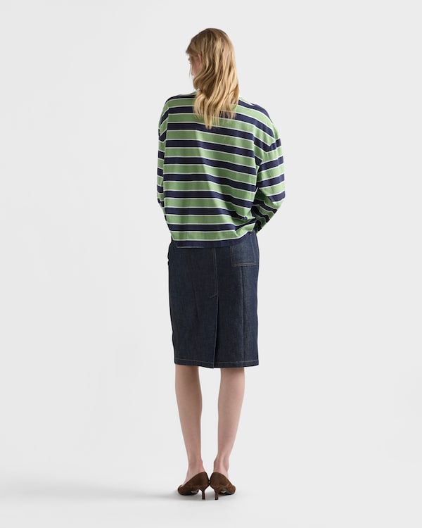 Long-sleeved bayadere striped lisle cotton T-shirt - Blue/Fern Green Long-sleeved bayadere striped lisle cotton T-shirt - Blue/Fern Green