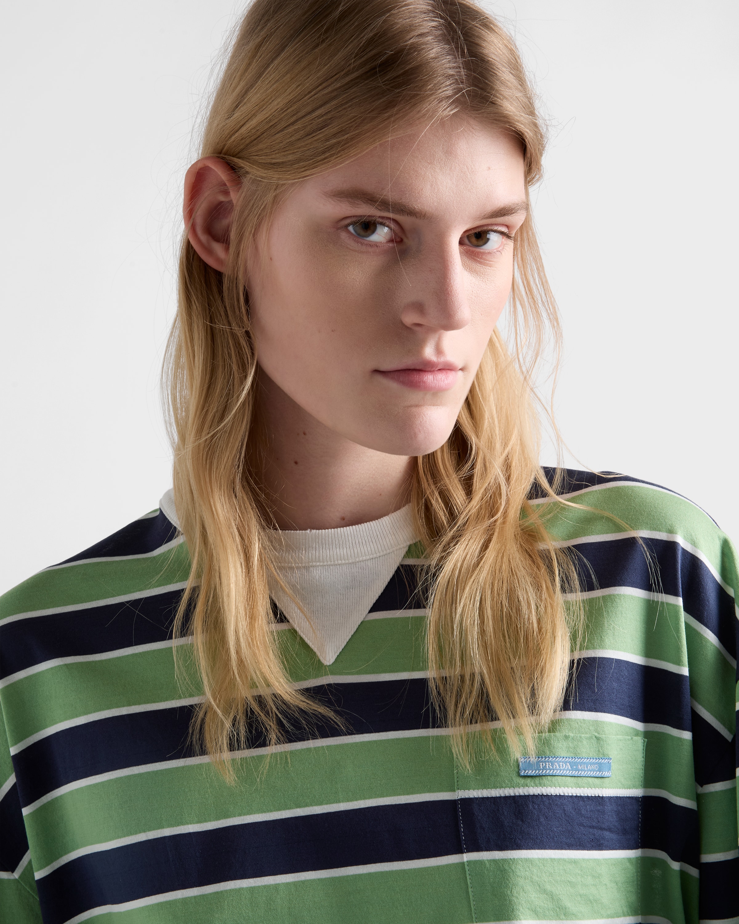 Blue/Fern Green Long-sleeved bayadere striped lisle cotton T-shirt