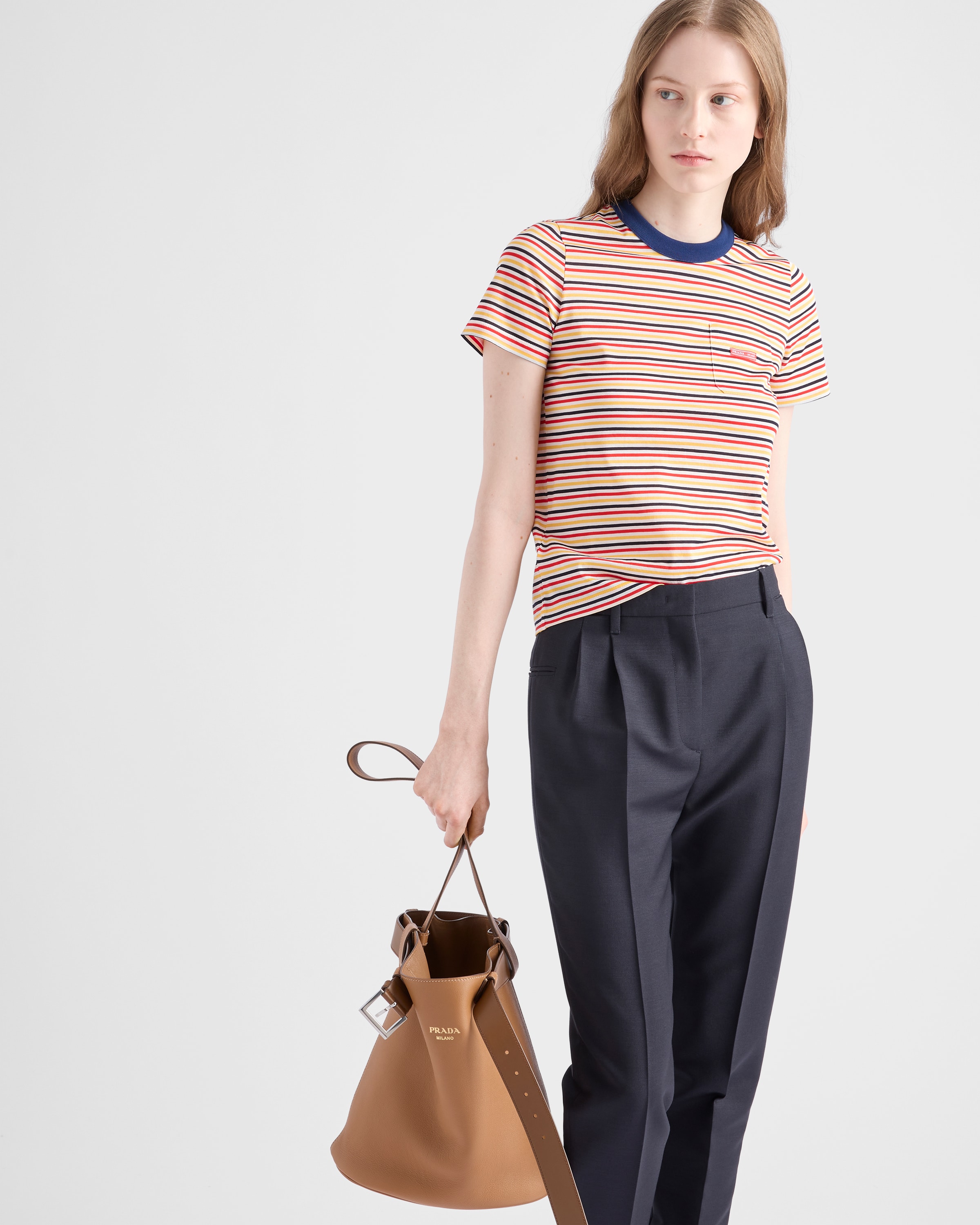 Pomegranate Yellow/Red Striped lisle cotton T-shirt | PRADA