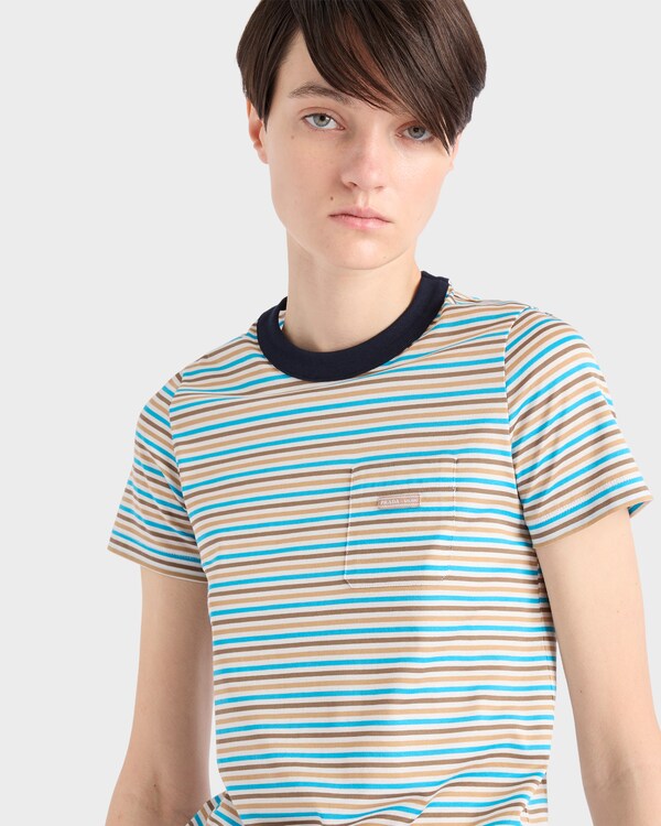 Striped lisle cotton T-shirt - Ivory/Turquoise Striped lisle cotton T-shirt - Ivory/Turquoise