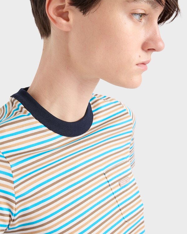 Striped lisle cotton T-shirt - Ivory/Turquoise Striped lisle cotton T-shirt - Ivory/Turquoise