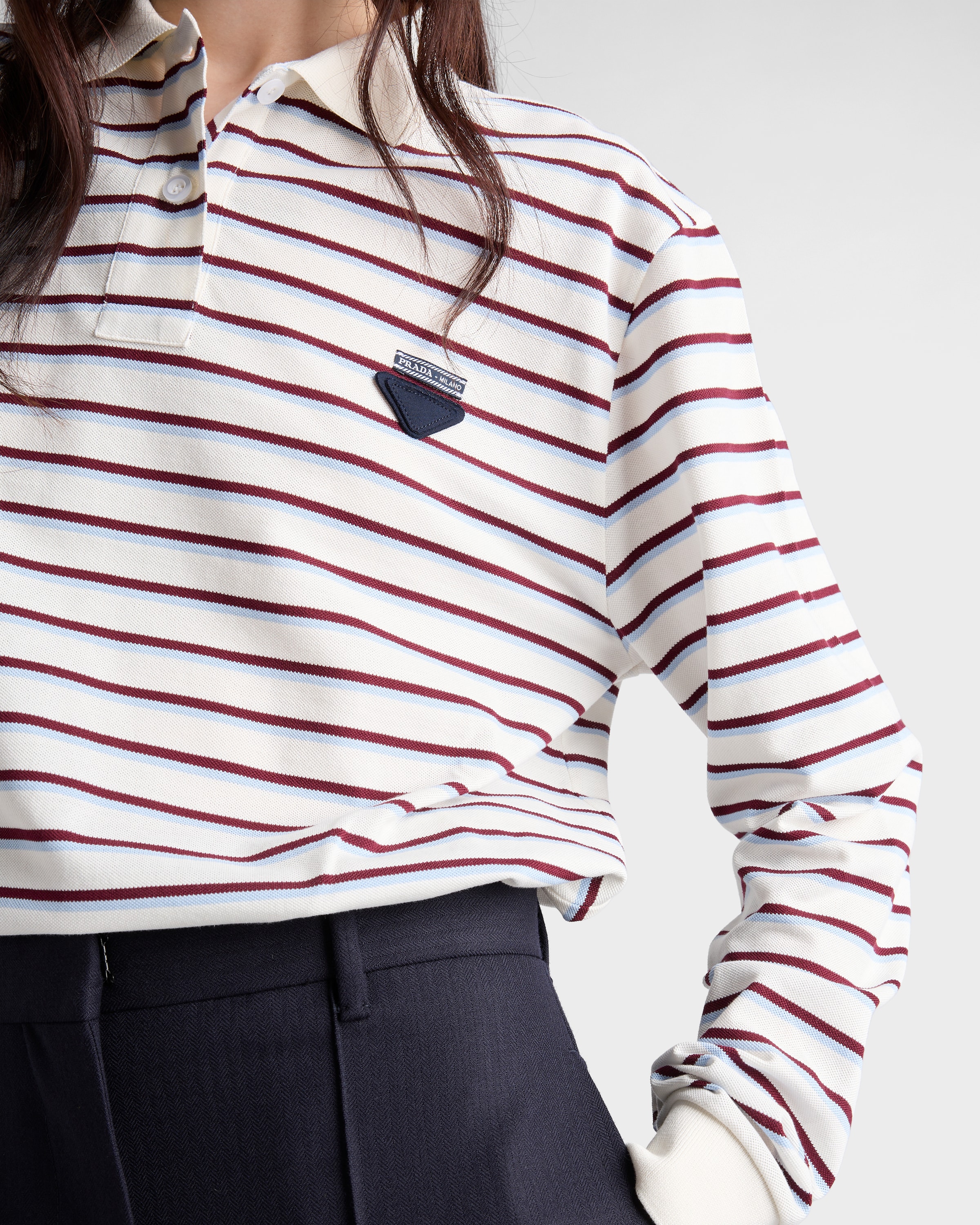 Ivory/Garnet Striped piqué polo shirt | PRADA