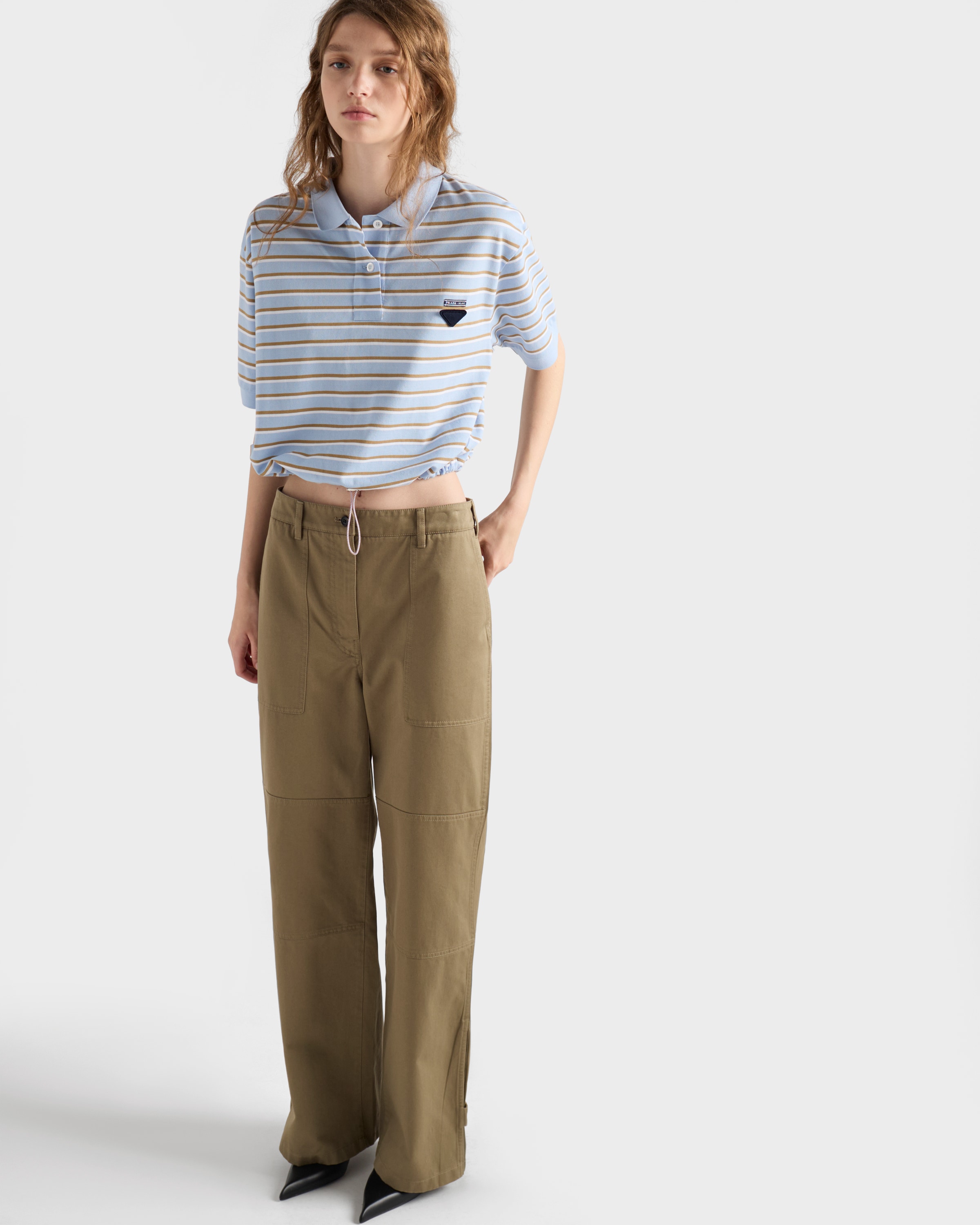 PRADA♦クロップド ストライプ ピケ ポロシャツ PRADA】クロップド ストライプピケ ポロシャツ☆グリーン☆42