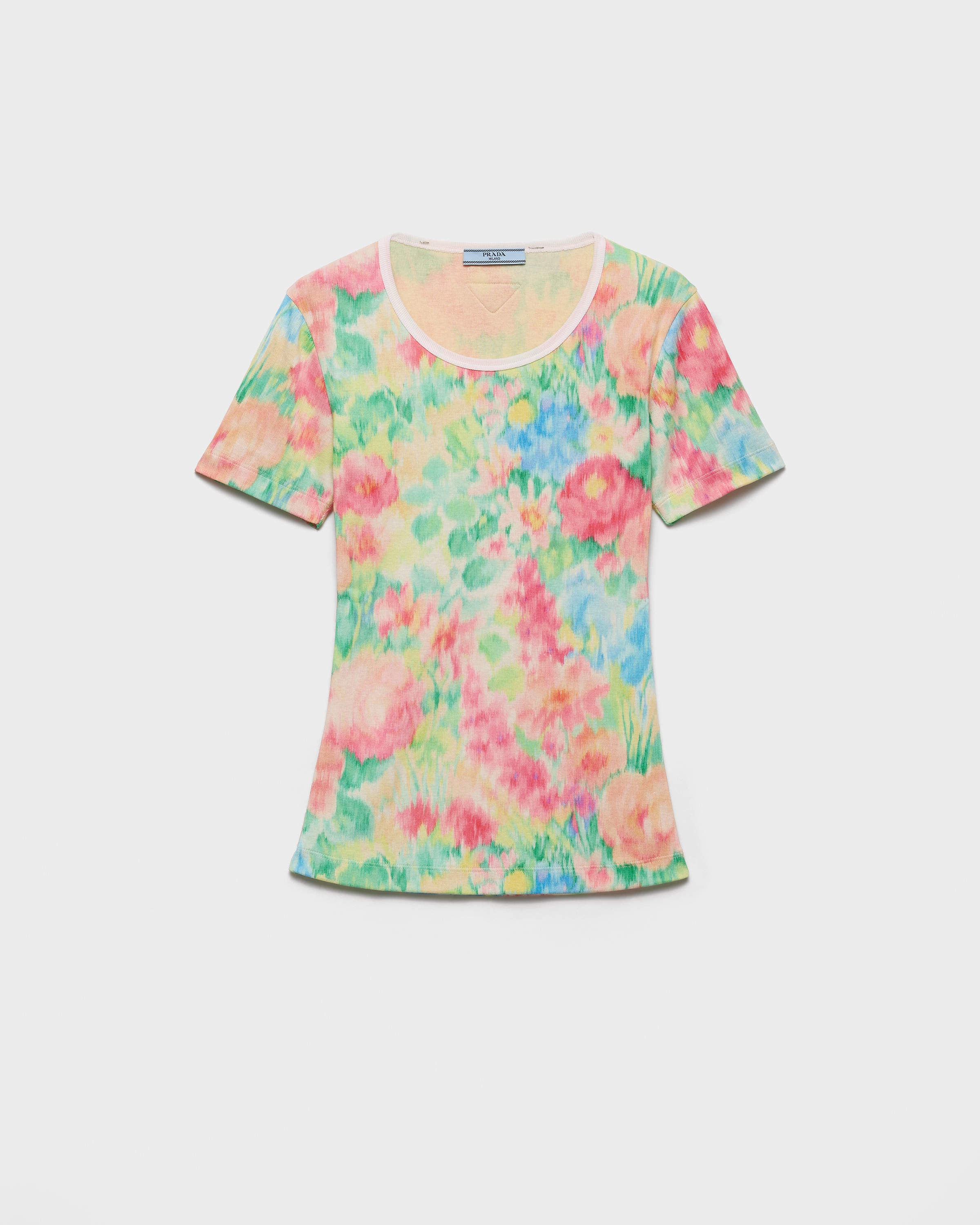 Prada Printed Ribbed Knit Cotton T-shirt In Green