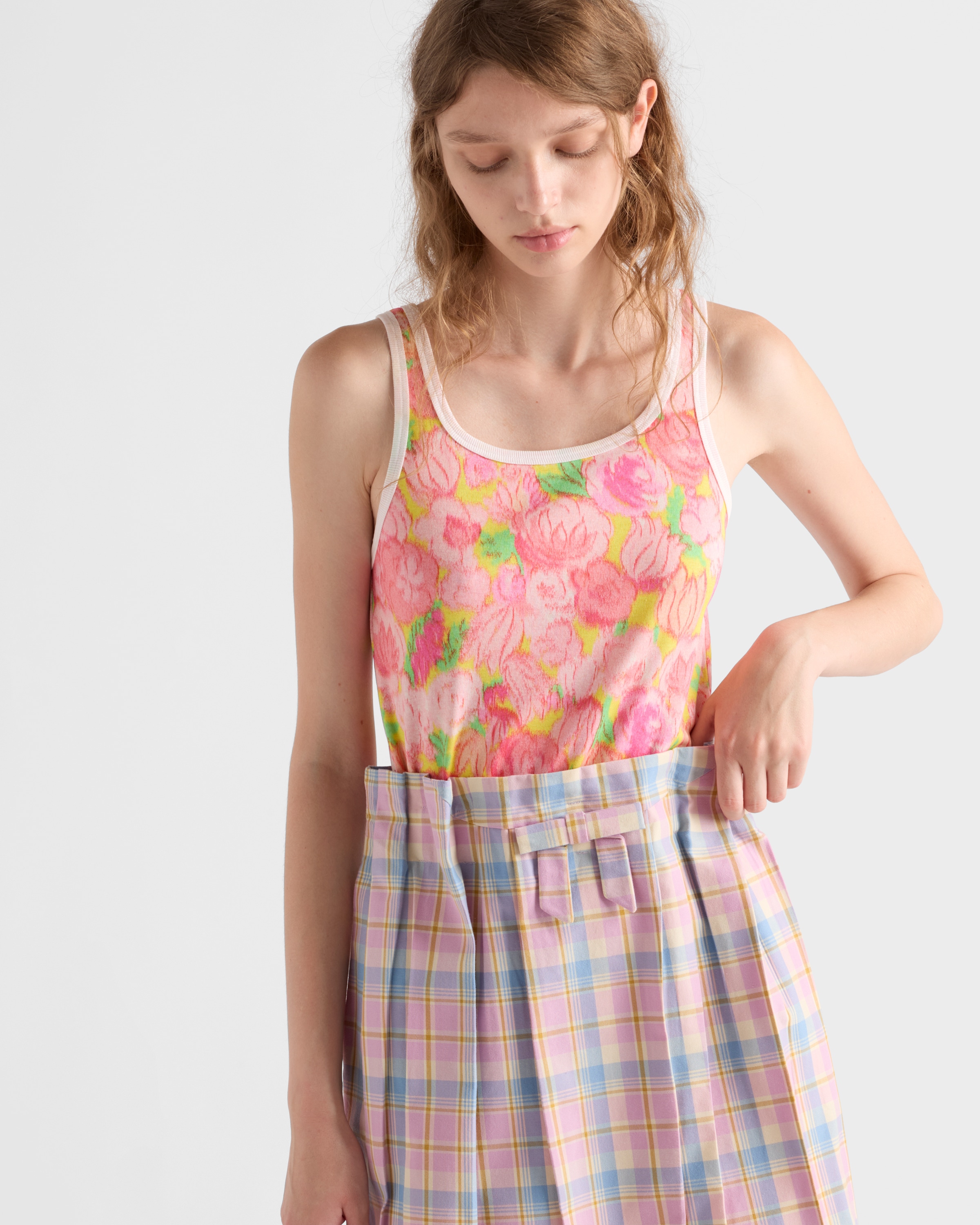 Pink Printed ribbed knit cotton tank top | PRADA
