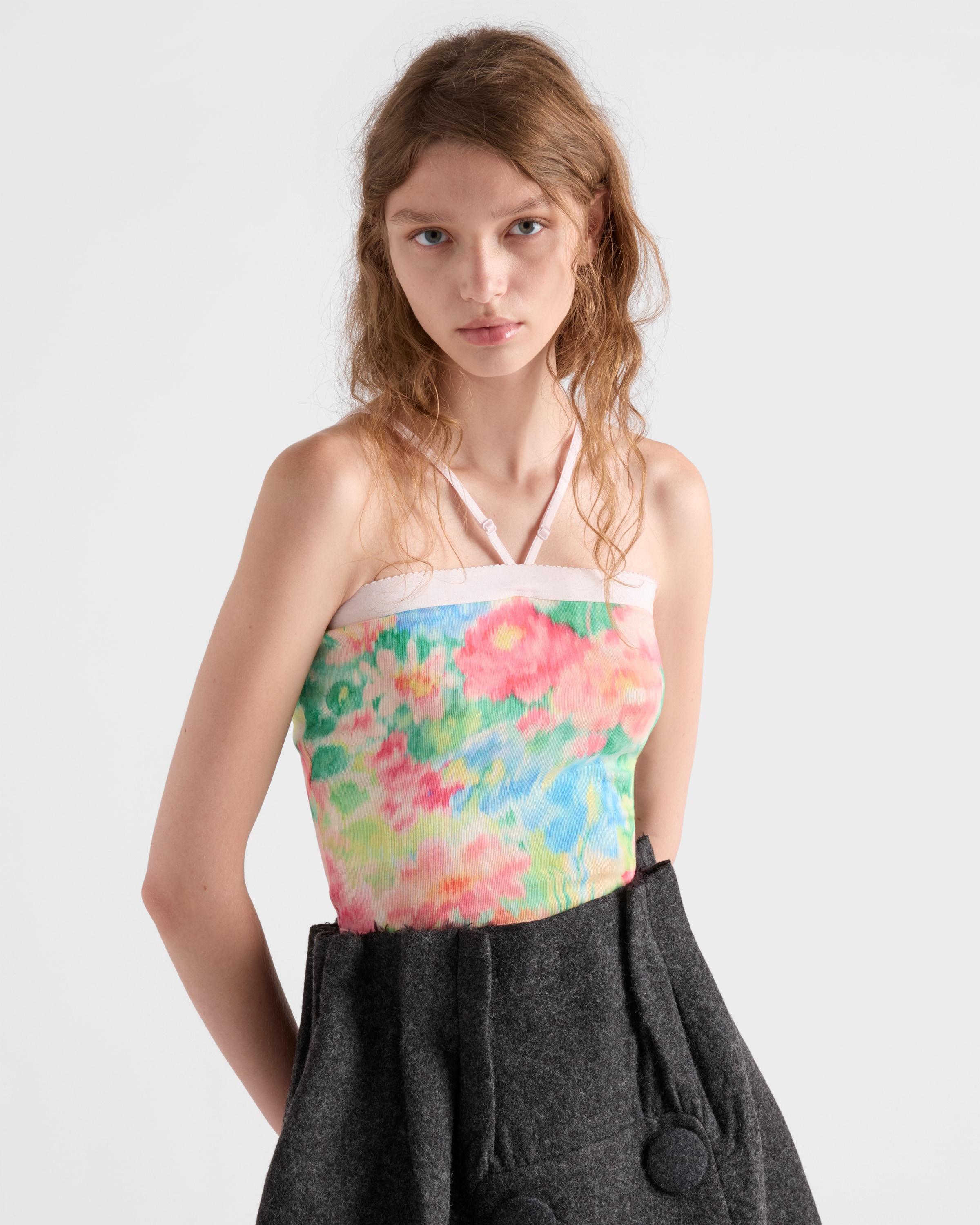 Prada Ribbed Knit Cotton Top With Floral Print In Multi