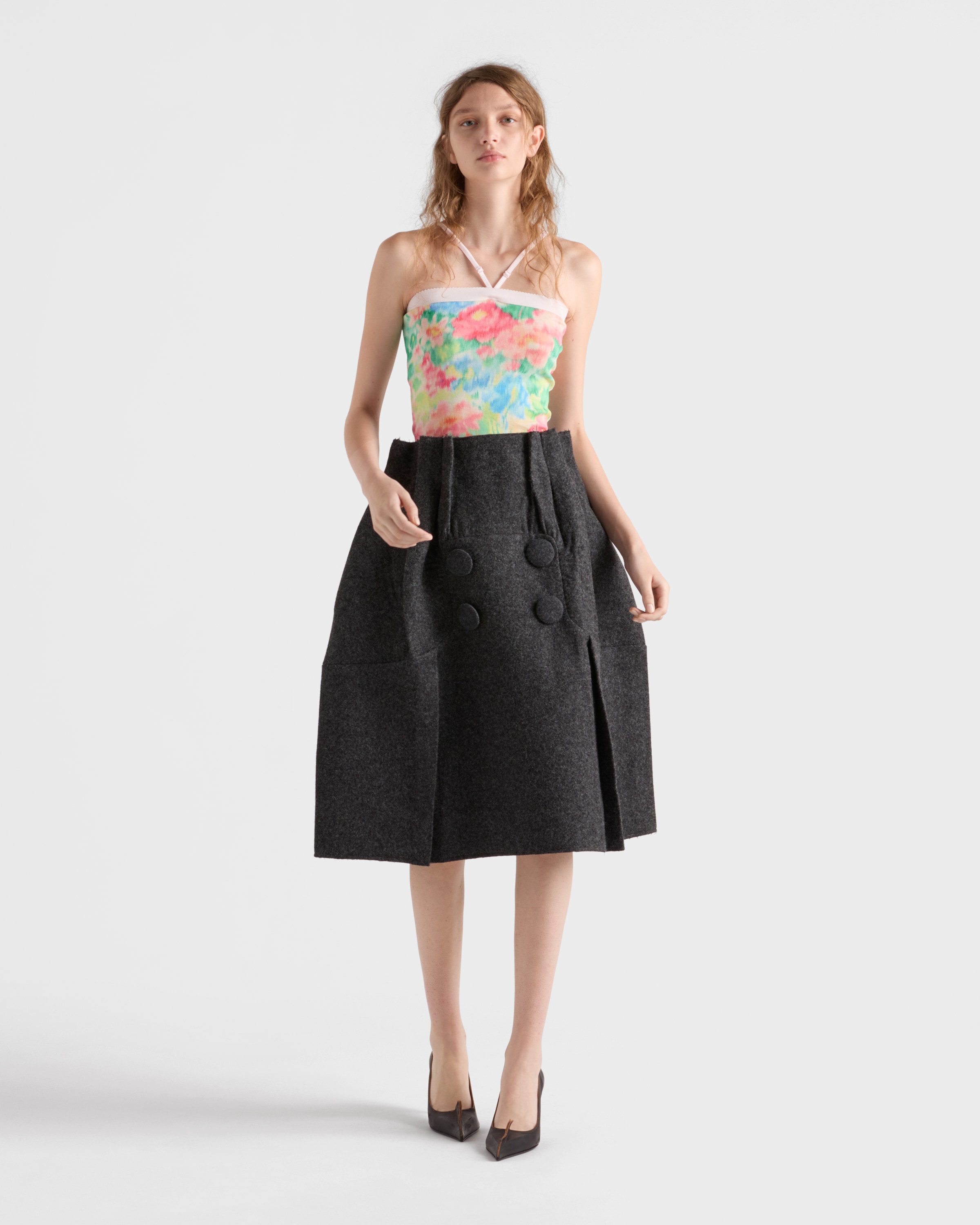 Prada Ribbed Knit Cotton Top With Floral Print In Multi