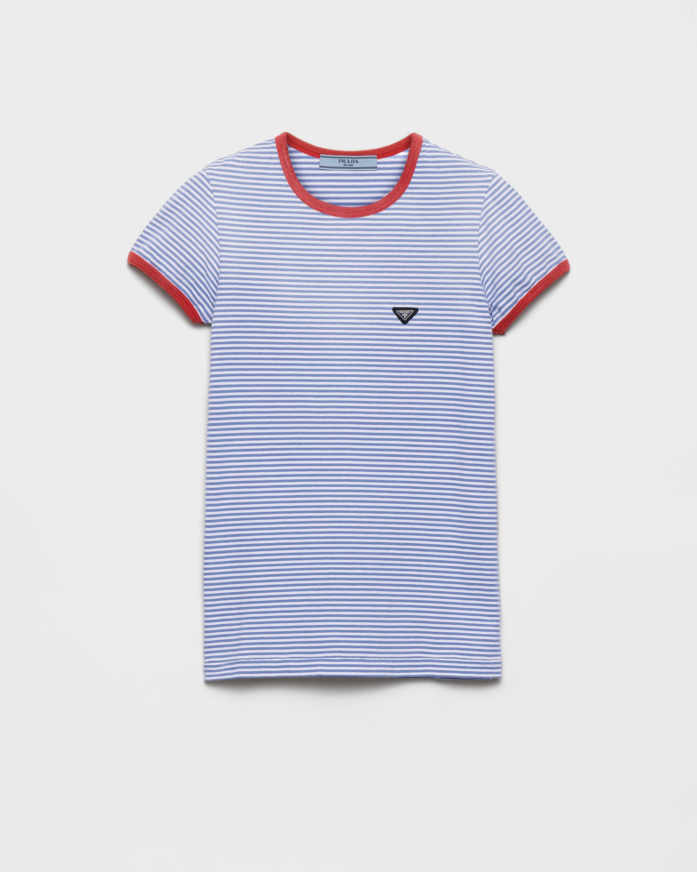 【PRADA】ストライププリントジャージートップ Periwinkle/Red Striped jersey T-shirt | PRADA - United States