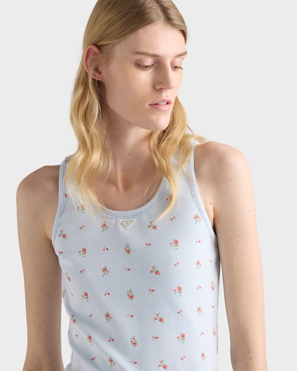 Bouquet print ribbed knit tank top - Sky Blue Bouquet print ribbed knit tank top - Sky Blue