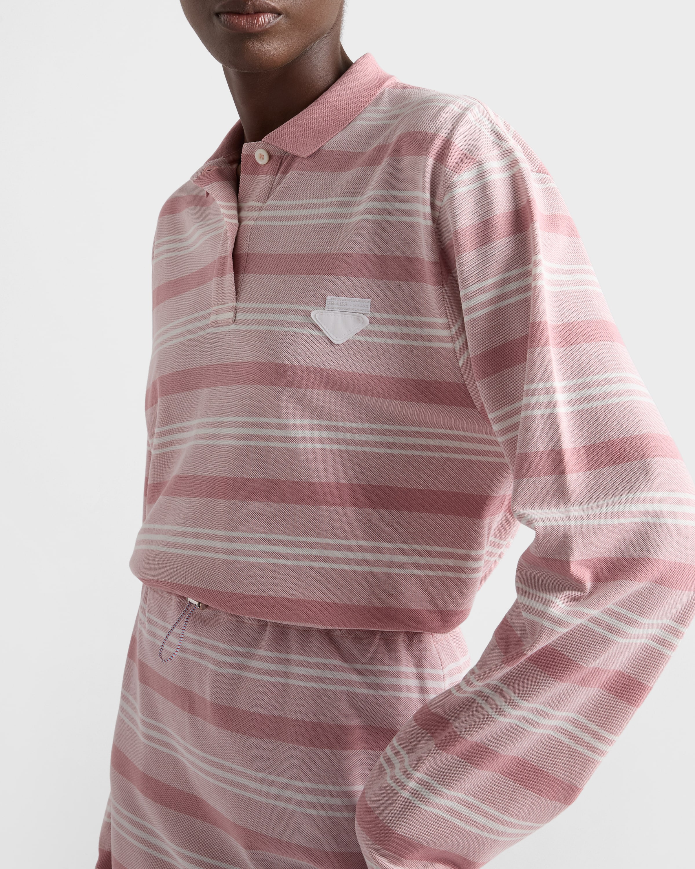 PRADA ピンク ポロシャツ　ストライプ襟　XL Alabaster Pink Long-sleeved striped piqué polo shirt | PRADA