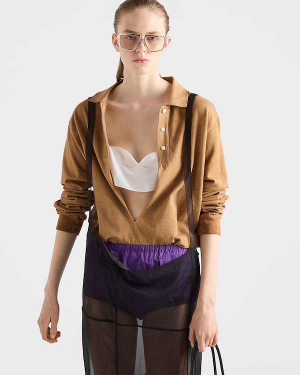 Long-sleeved cotton piqué polo shirt - Khaki Long-sleeved cotton piqué polo shirt - Khaki