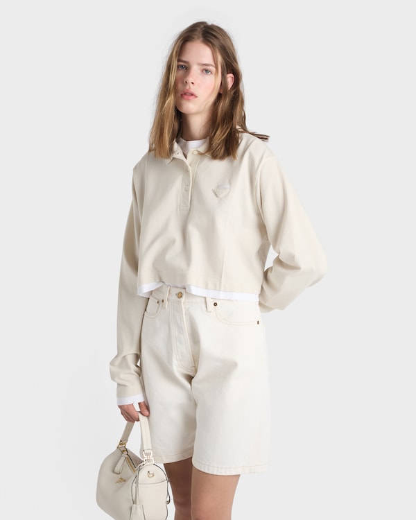 Long-sleeved piqué and jersey polo shirt - Chalk White Long-sleeved piqué and jersey polo shirt - Chalk White