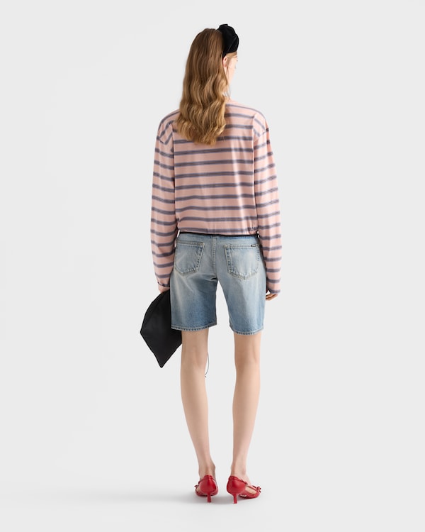 Long-sleeved striped cotton jersey T-shirt - Peach/Periwinkle Long-sleeved striped cotton jersey T-shirt - Peach/Periwinkle