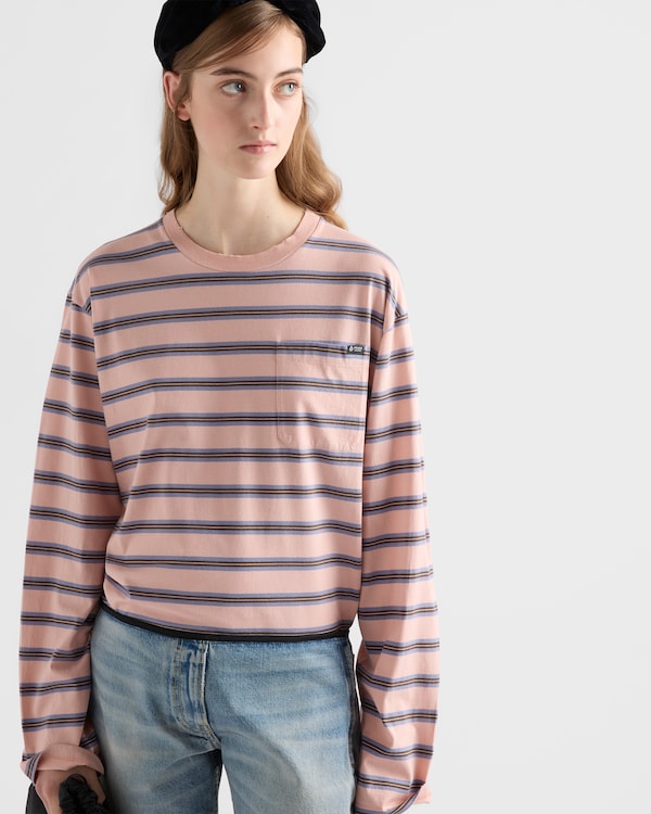 Long-sleeved striped cotton jersey T-shirt - Peach/Periwinkle Long-sleeved striped cotton jersey T-shirt - Peach/Periwinkle