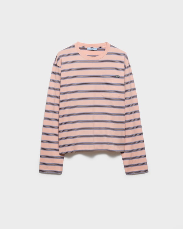 Long-sleeved striped cotton jersey T-shirt - Peach/Periwinkle Long-sleeved striped cotton jersey T-shirt - Peach/Periwinkle