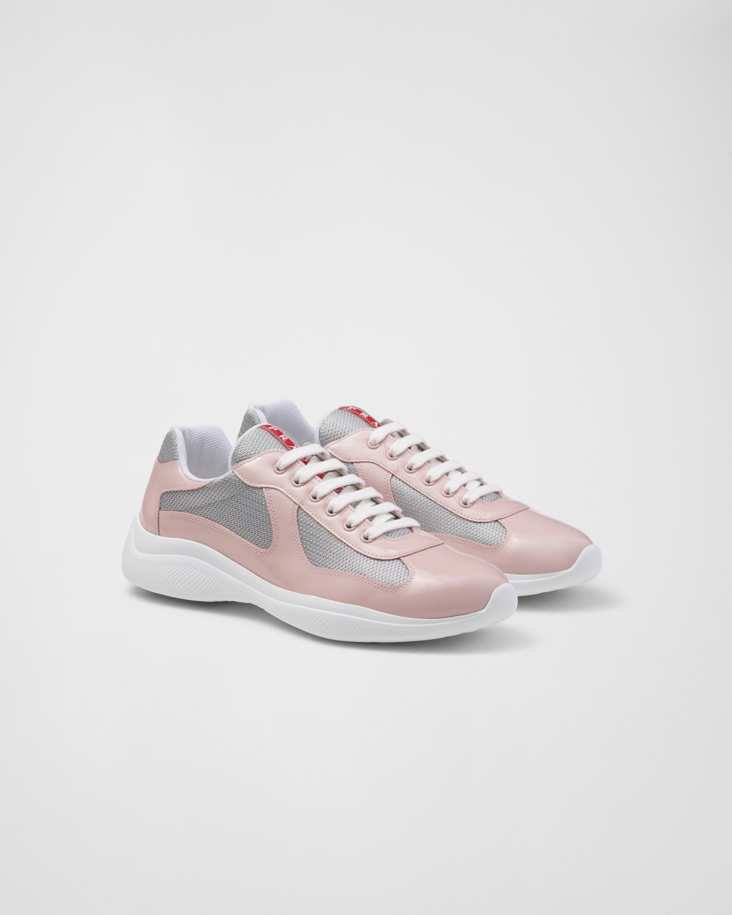 Shop Prada America's Cup Patent Leather And Bike Fabric Sneakers In Petal/silver