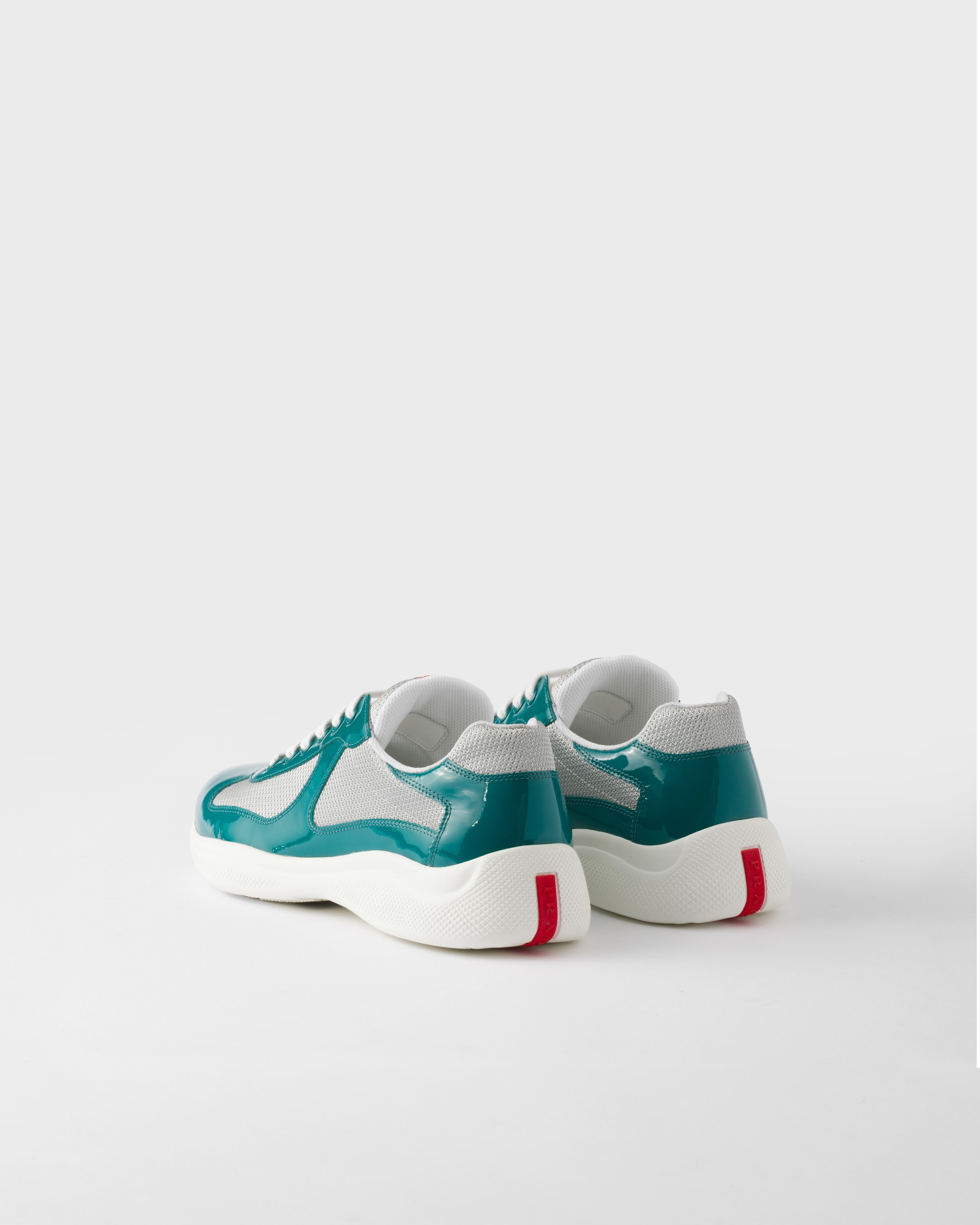 Prada Men's Patent Leather And Technical Fabric America's Cup Sneakers In Lagoon Blue/silver