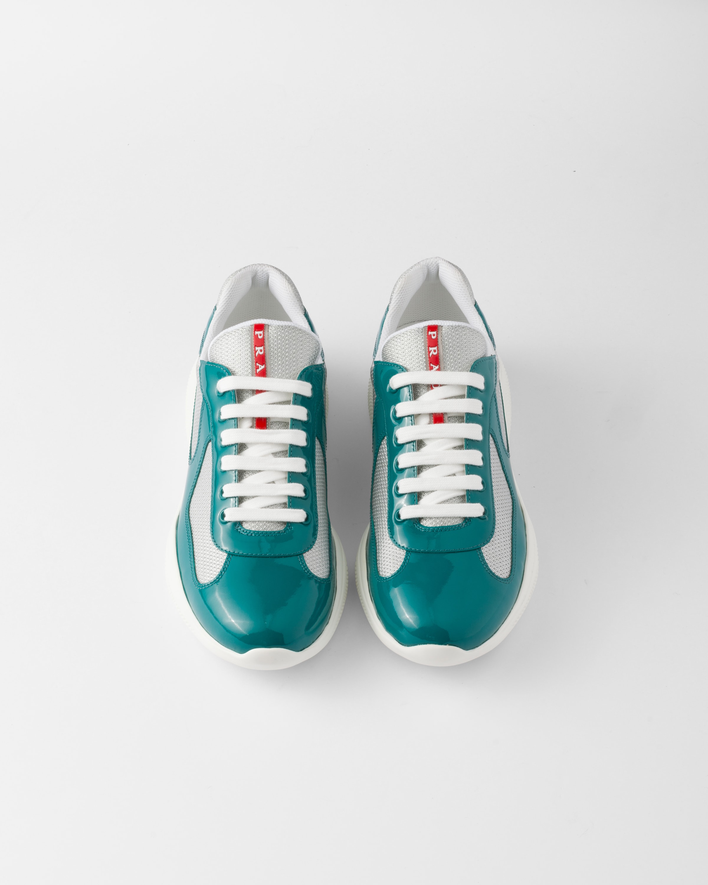 Prada Men's Patent Leather And Technical Fabric America's Cup Sneakers In Lagoon Blue/silver