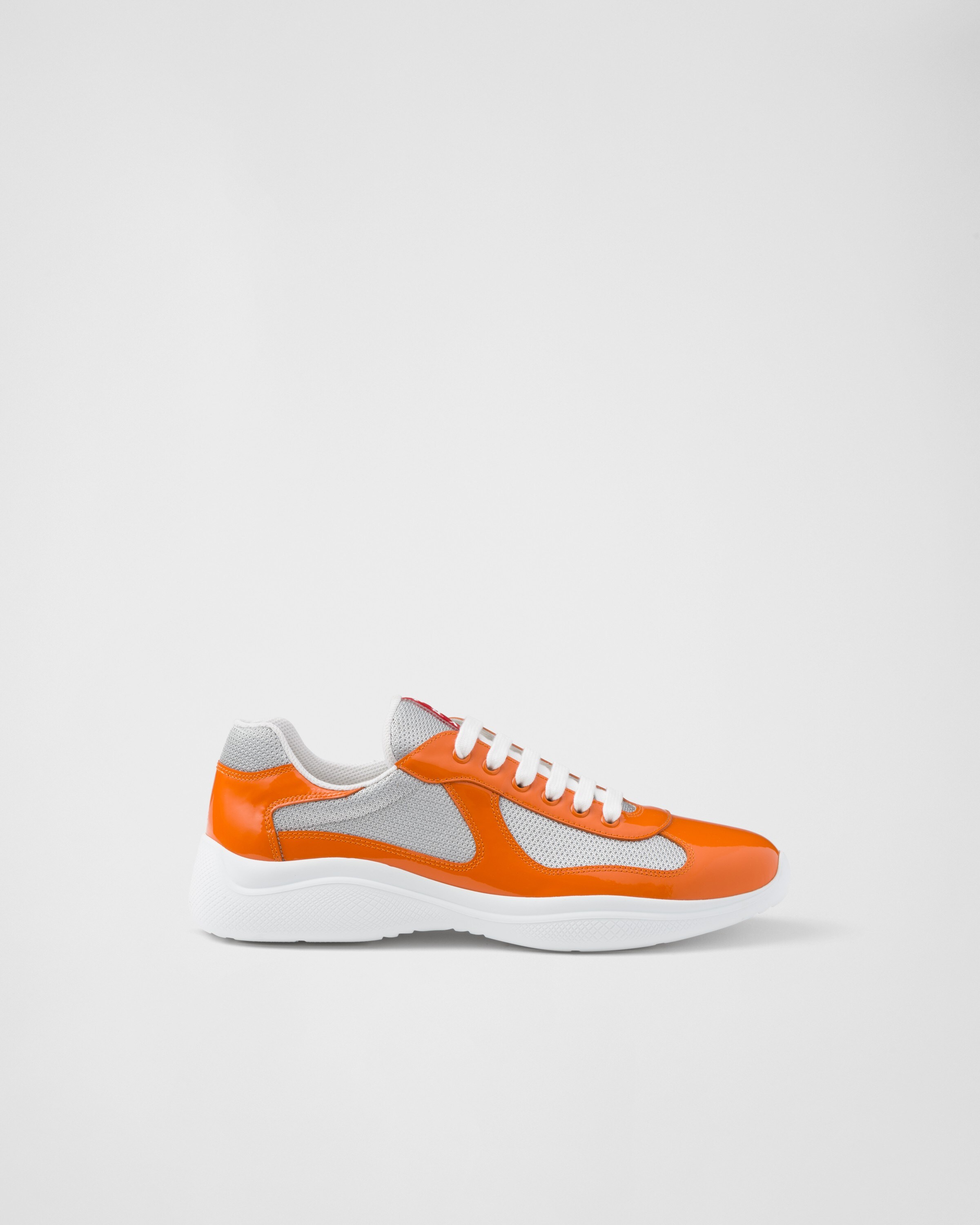 Shop Prada Patent Leather And Technical Fabric  America's Cup Sneakers In Pumpkin/silver