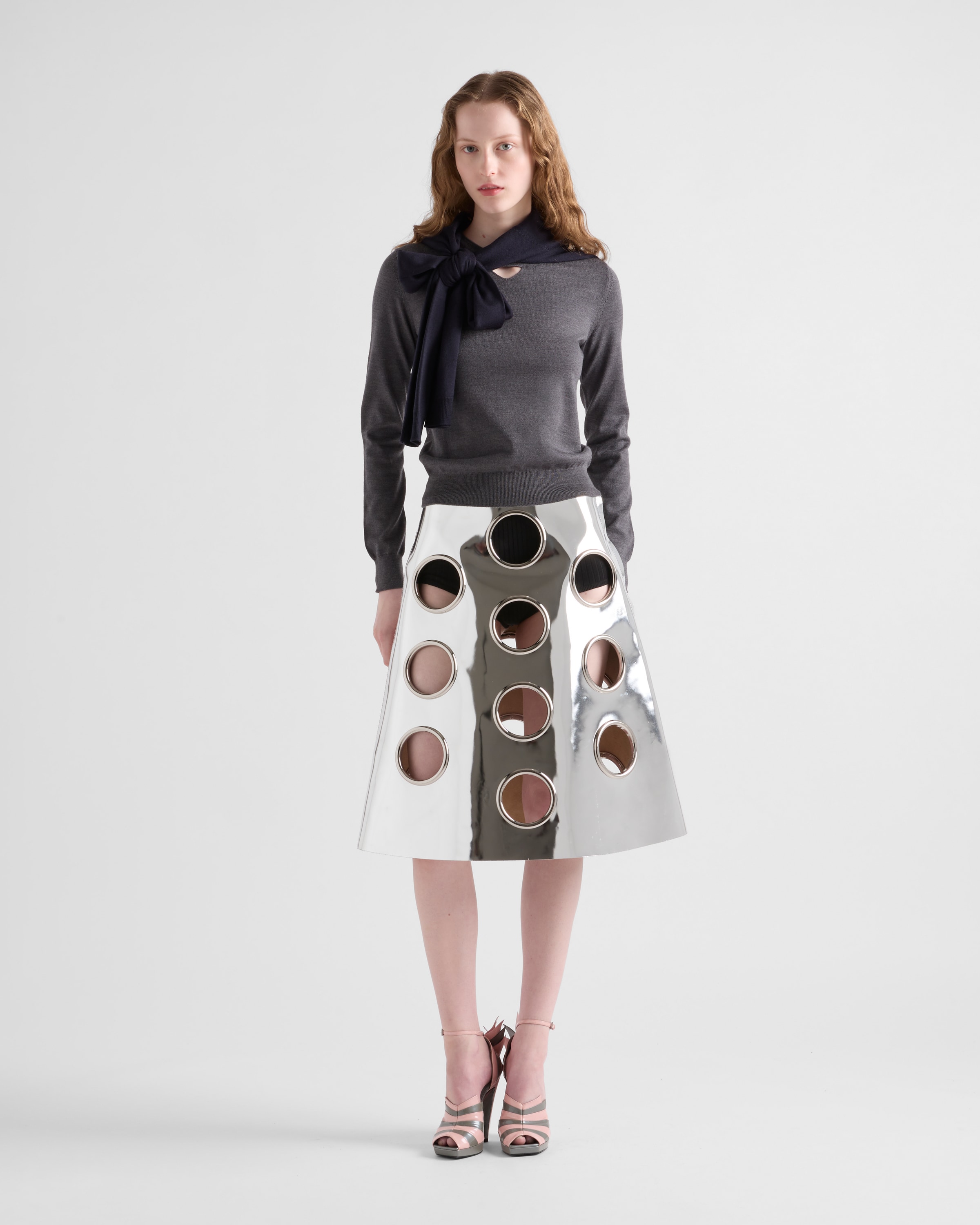 Prada Metallic-effect Leather Midi Skirt In Silver