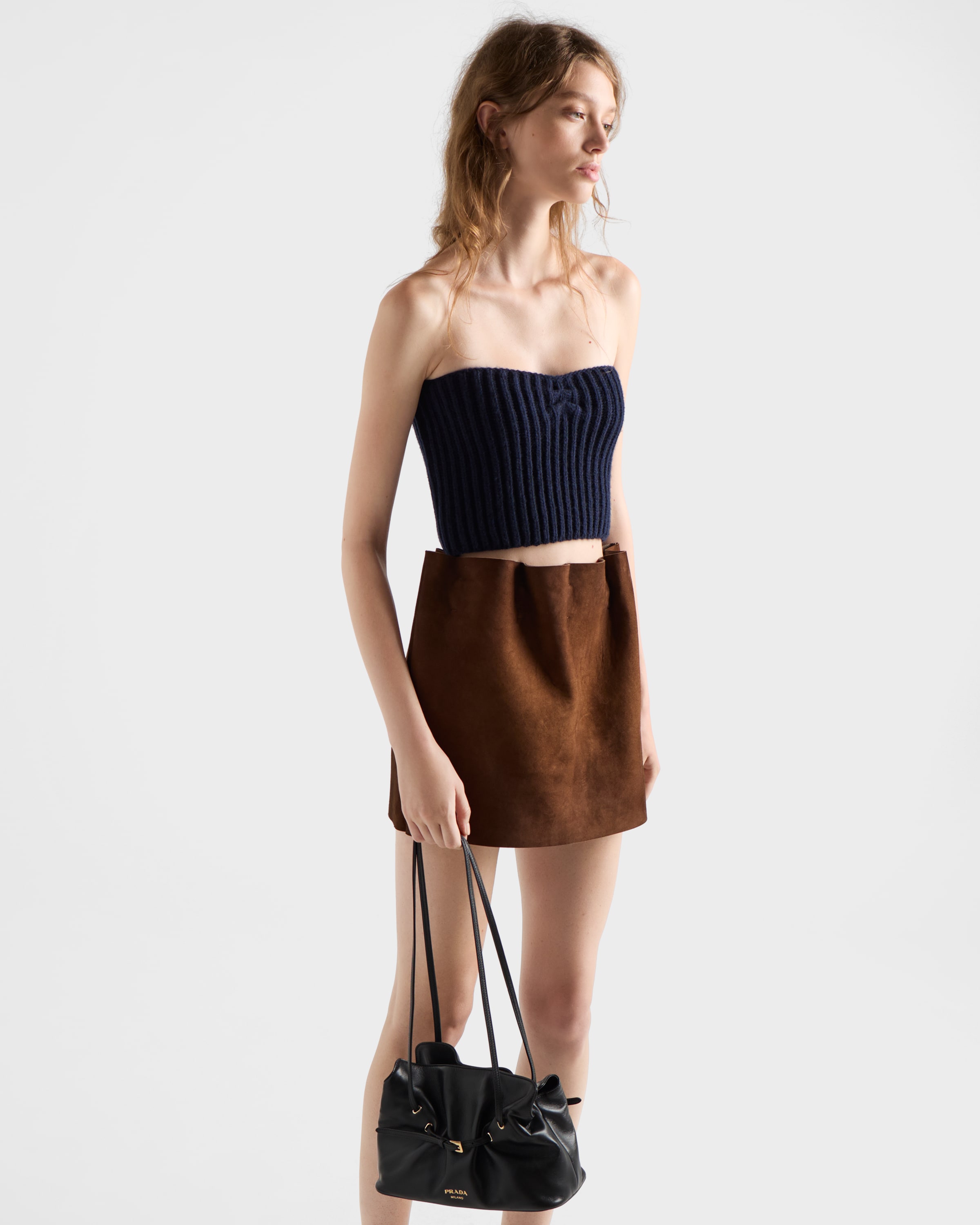 Prada Elasticated-waistband Suede Mini Skirt In Brown