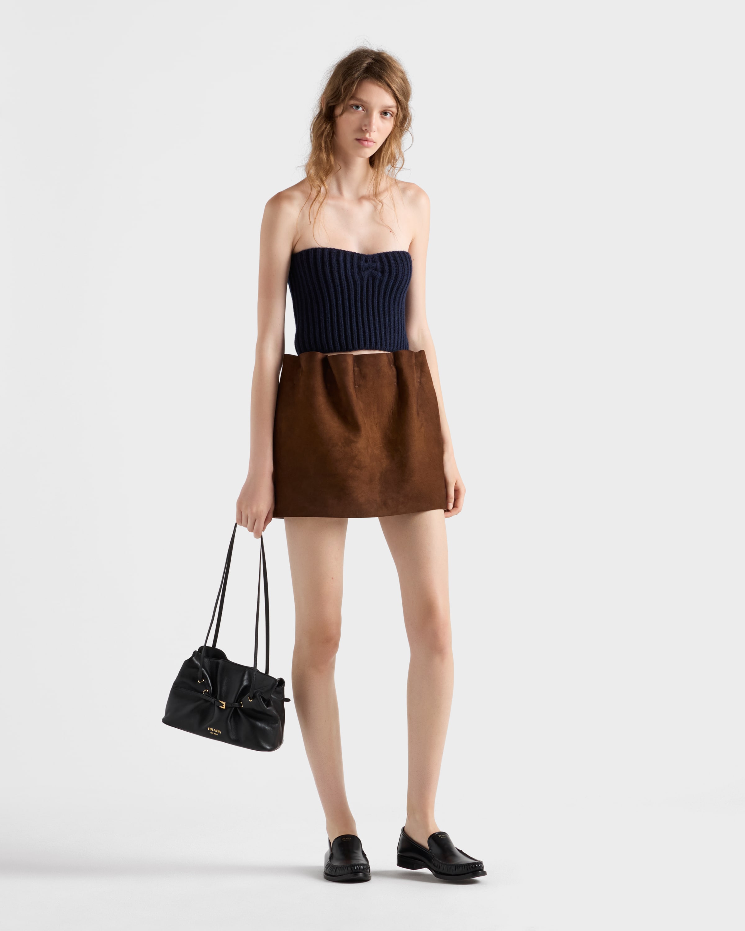 Prada Elasticated-waistband Suede Mini Skirt In Brown