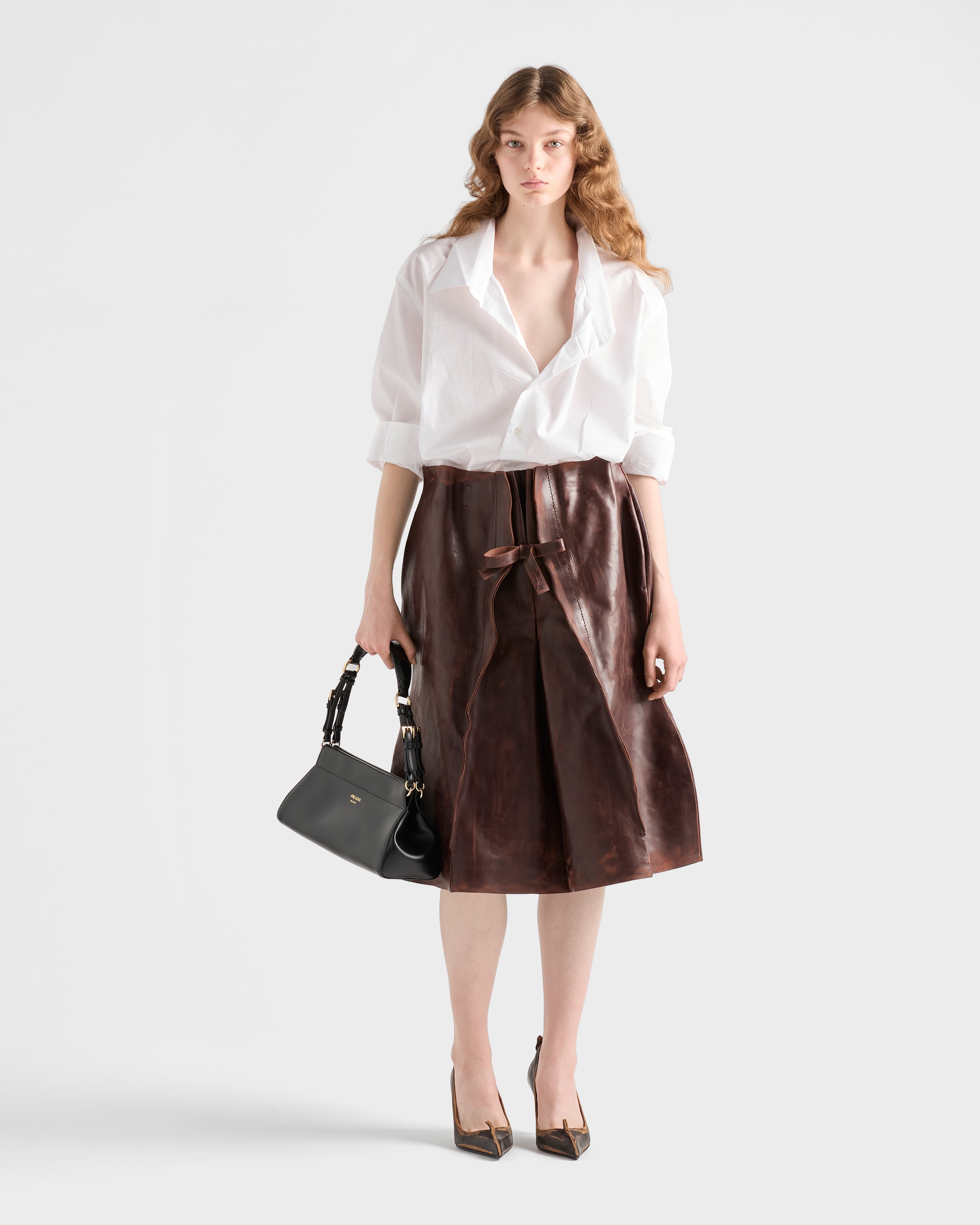 スカート PRADA Brown Leather Skirt Prada A-line Leather Skirt | Brown | FARFETCH