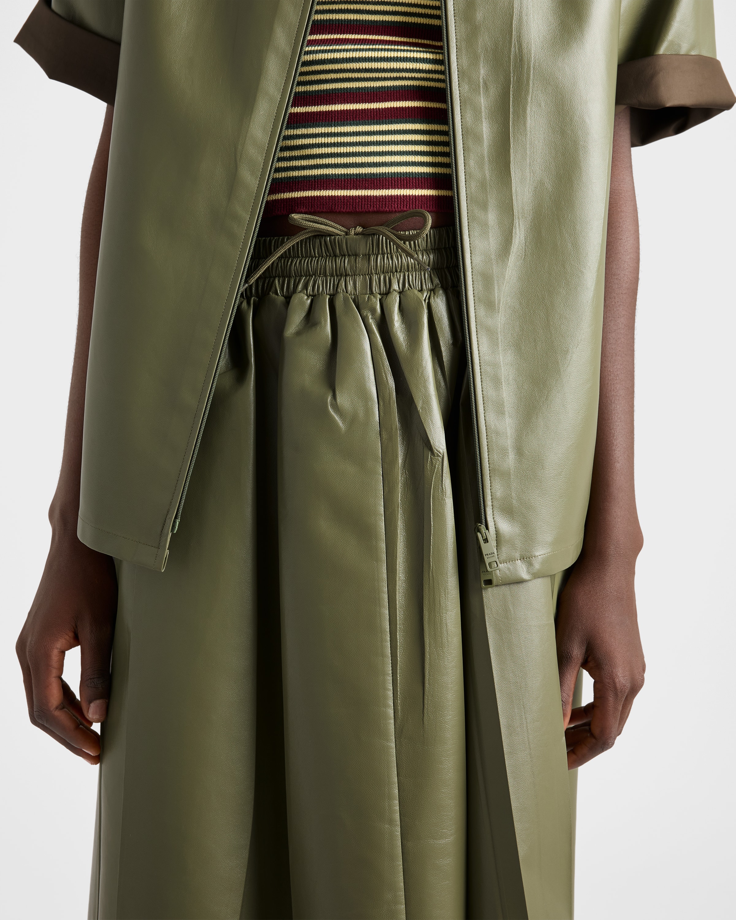 Olive Green Pleated nappa leather skirt | PRADA - United States