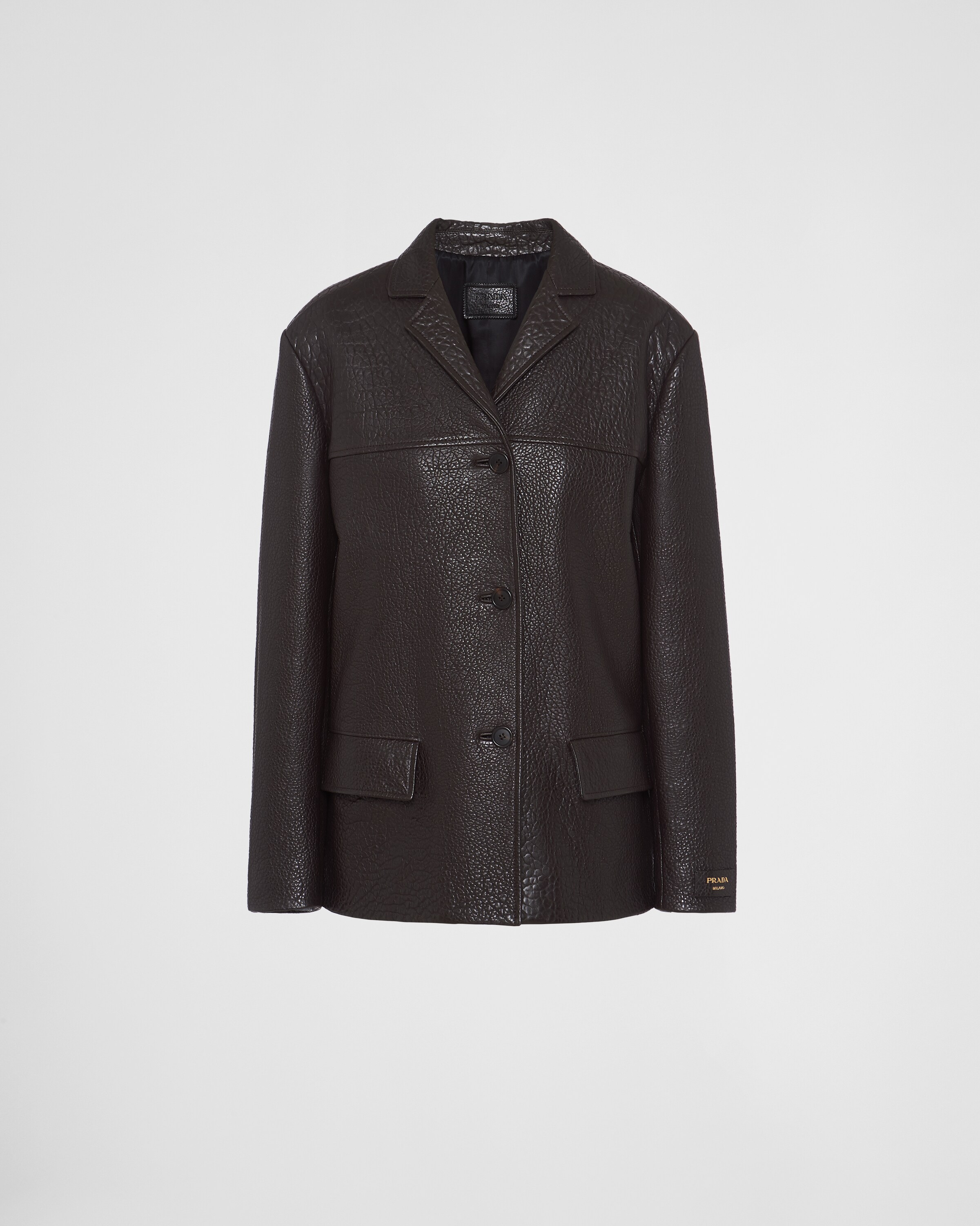 Prada Single-breasted Leather Jacket In Coffee
