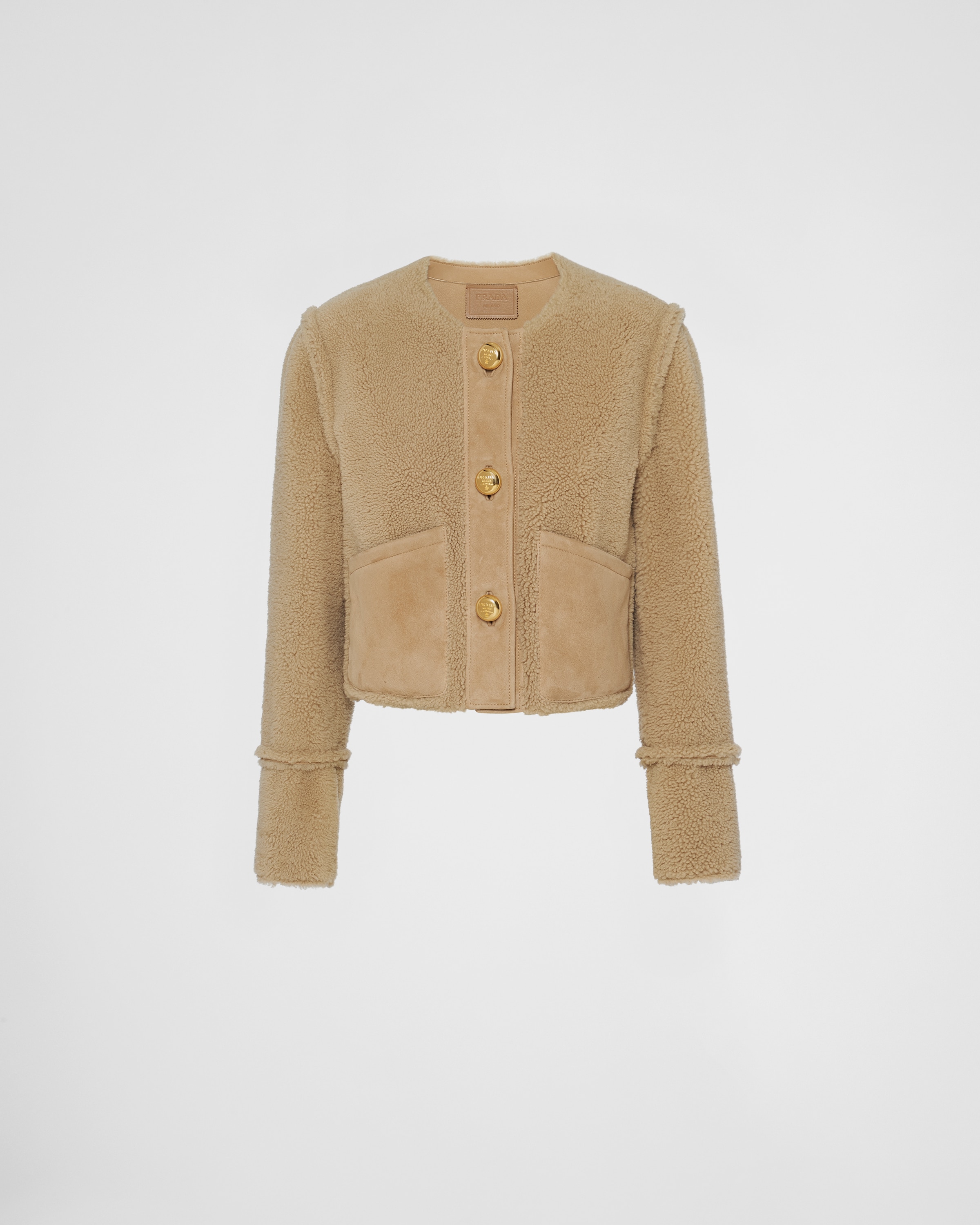 Prada Shearling Cropped Jacket In Camel Brown