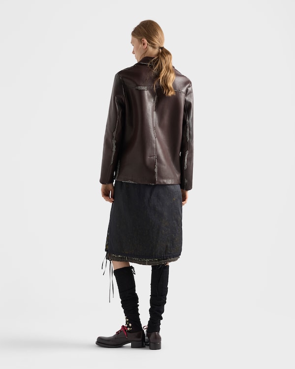 Veste en cuir nappa contrecollé et laine Shetland à motif chevron - Terre De Sienne Veste en cuir nappa contrecollé et laine Shetland à motif chevron - Terre De Sienne