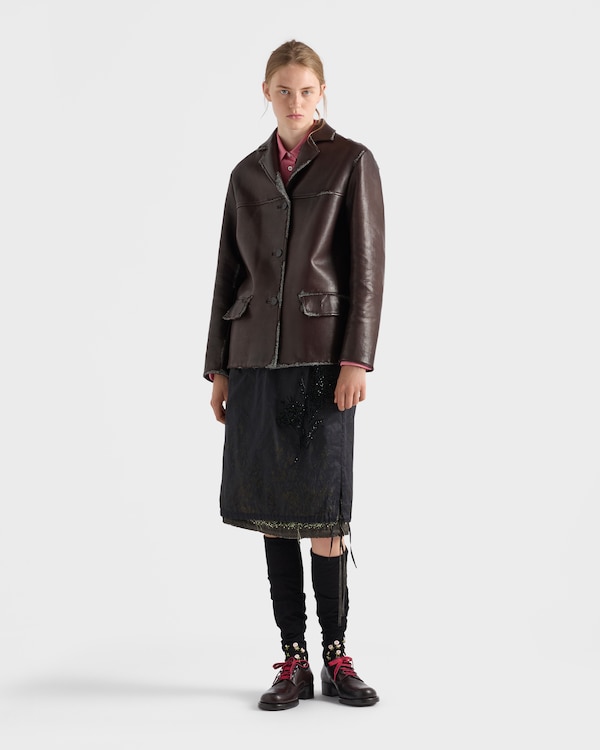 Veste en cuir nappa contrecollé et laine Shetland à motif chevron - Terre De Sienne Veste en cuir nappa contrecollé et laine Shetland à motif chevron - Terre De Sienne