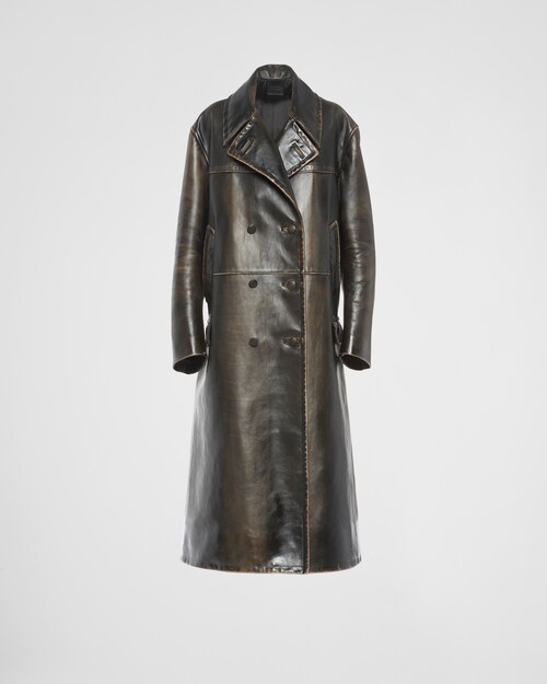 Black Double-breasted leather coat | Prada