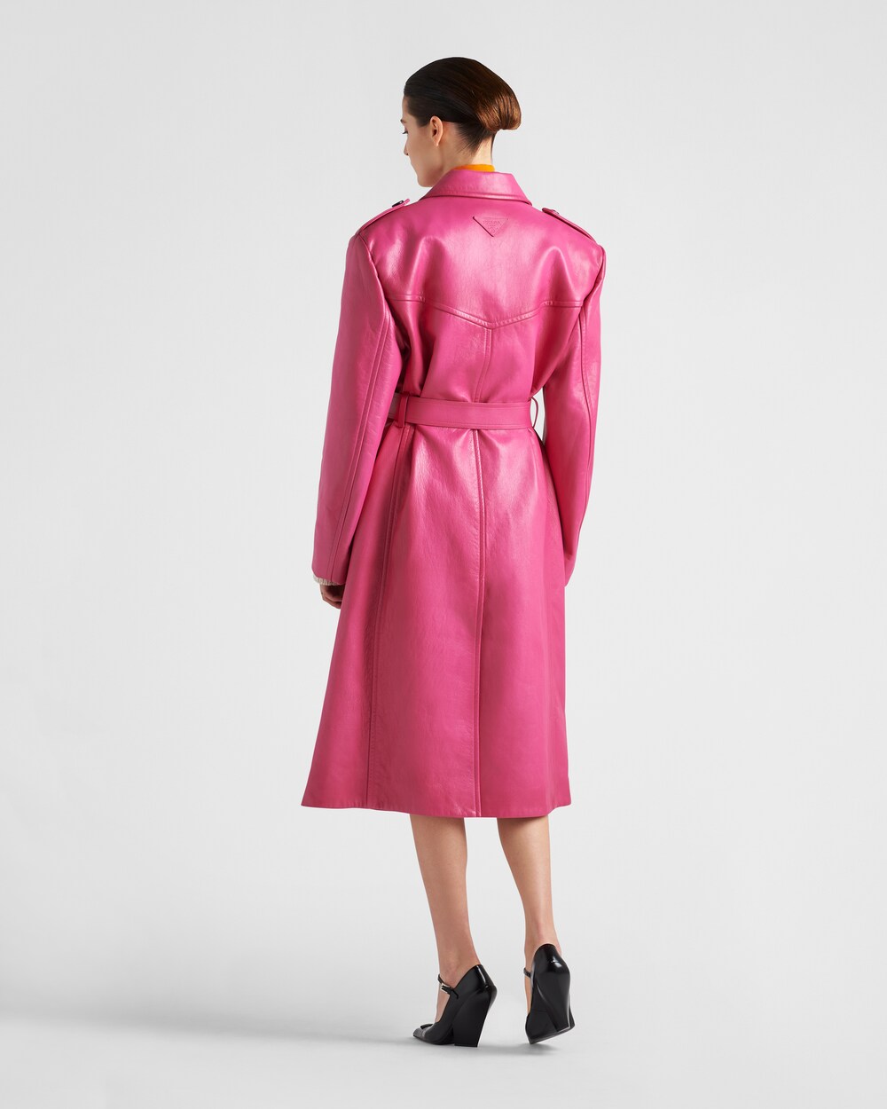 pink leather trench coat