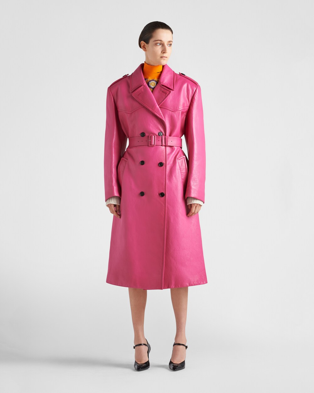 pink leather trench coat