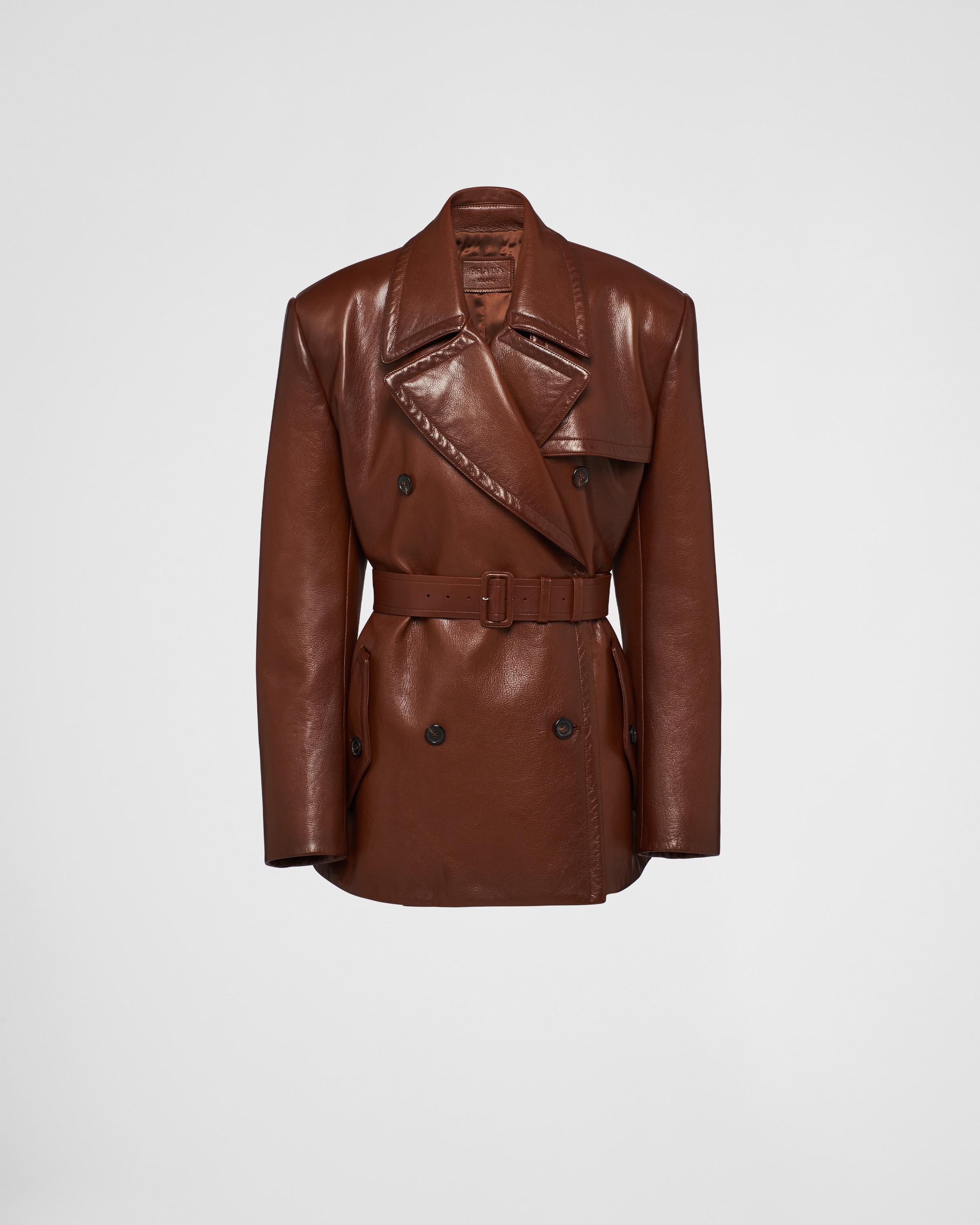 Tobacco Double-breasted leather jacket | Prada