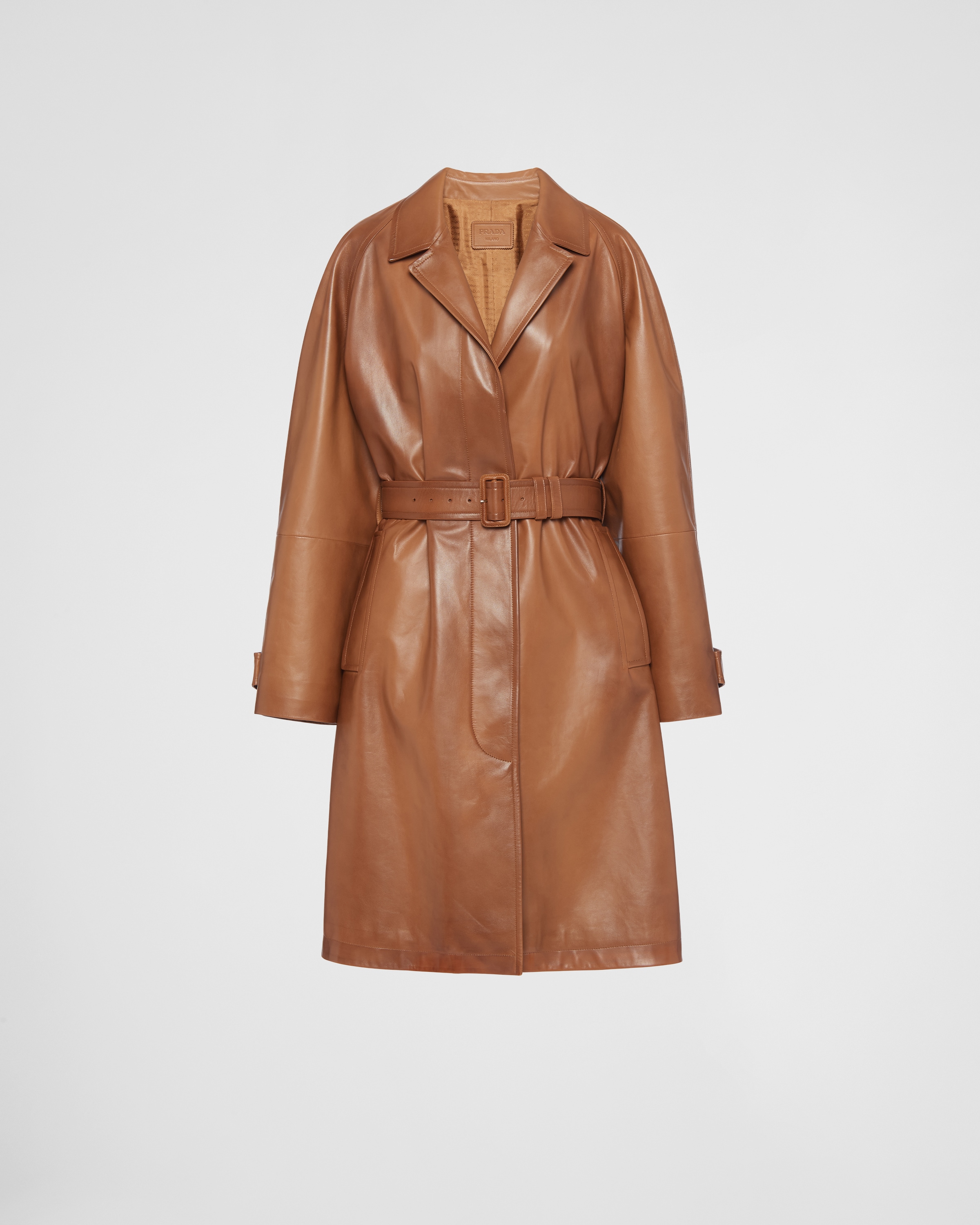 Prada Double-breasted Leather Coat In Brown