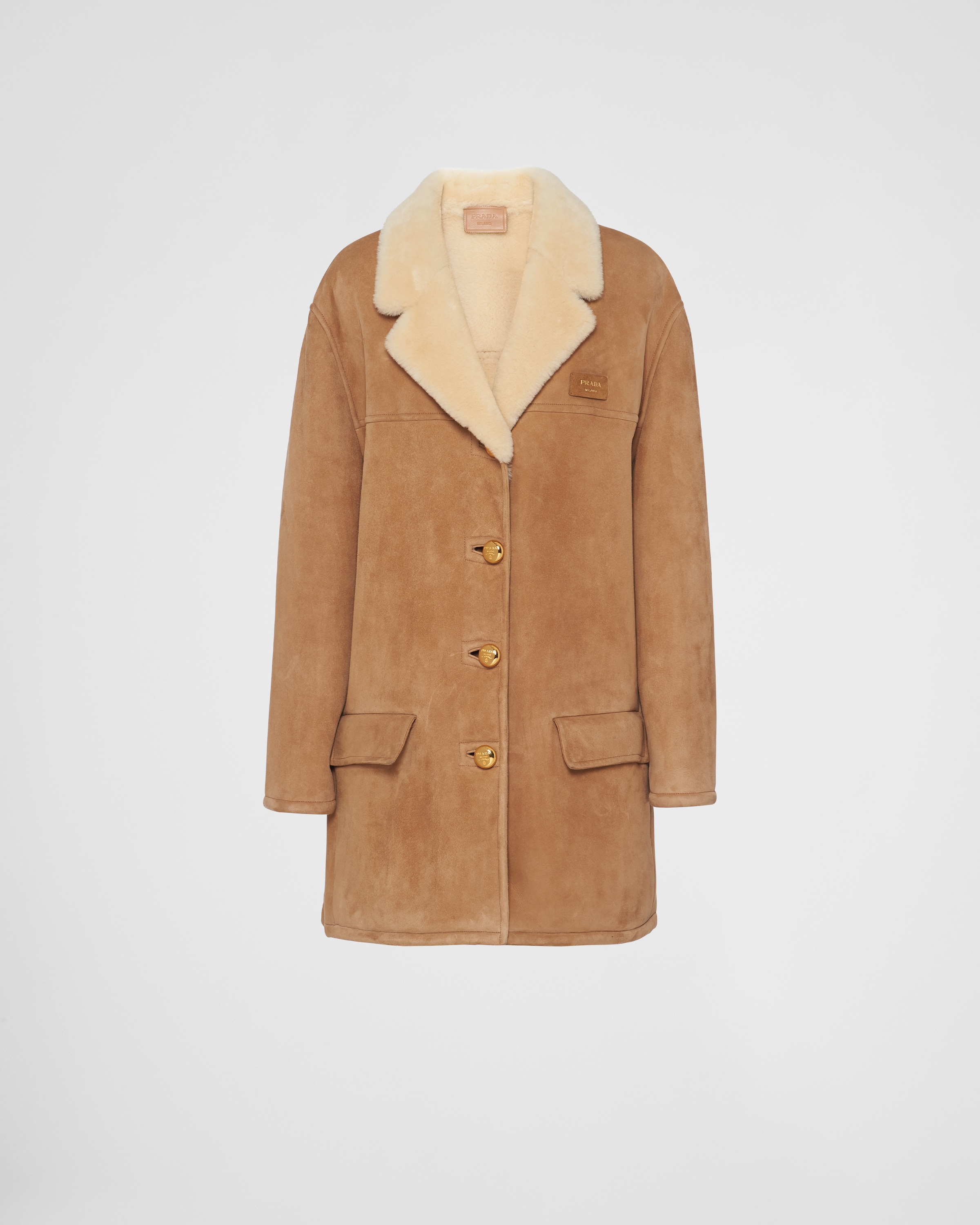 Prada Shearling Coat In Camel/natural