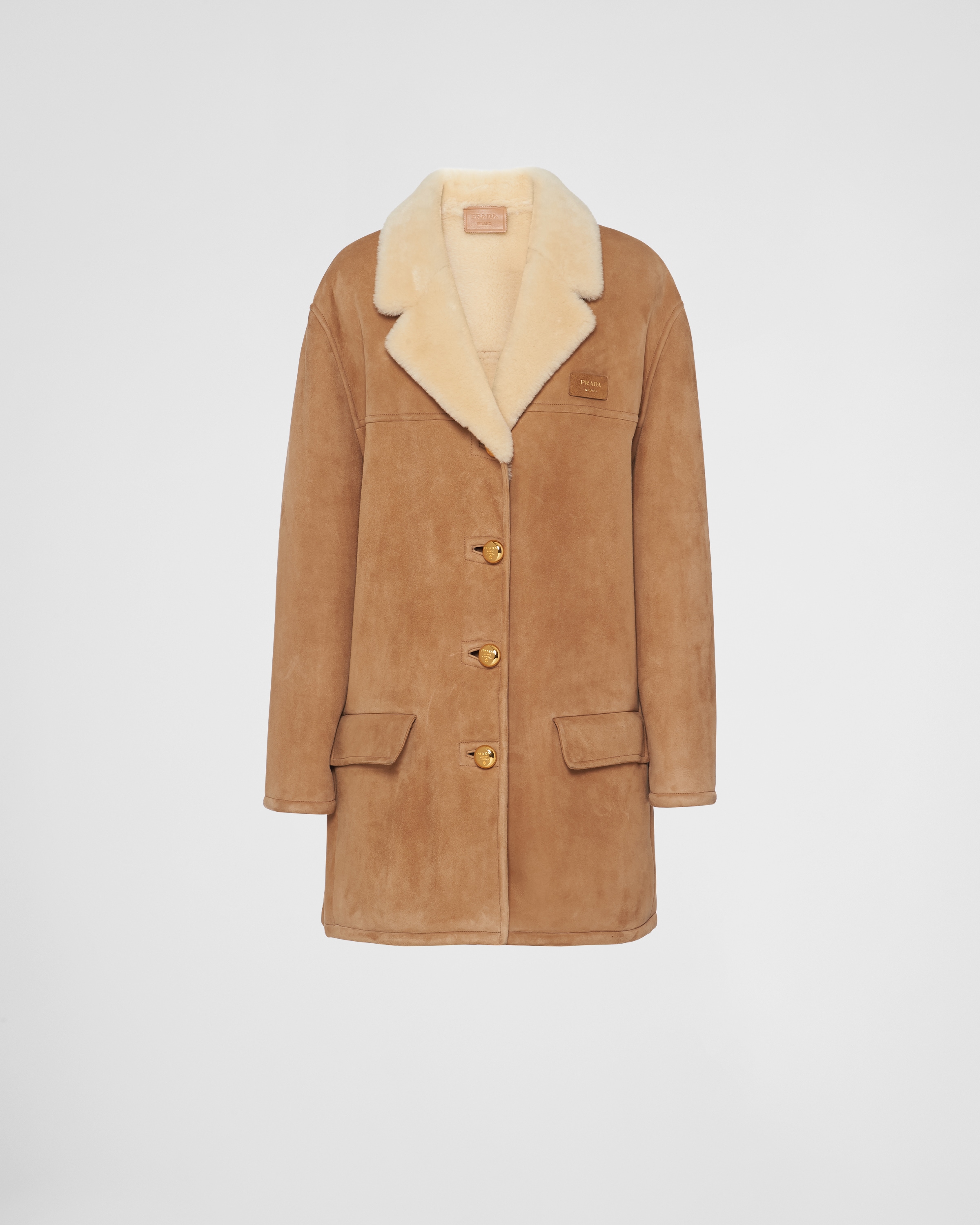 Shop Prada Shearling Coat In Camel/natural