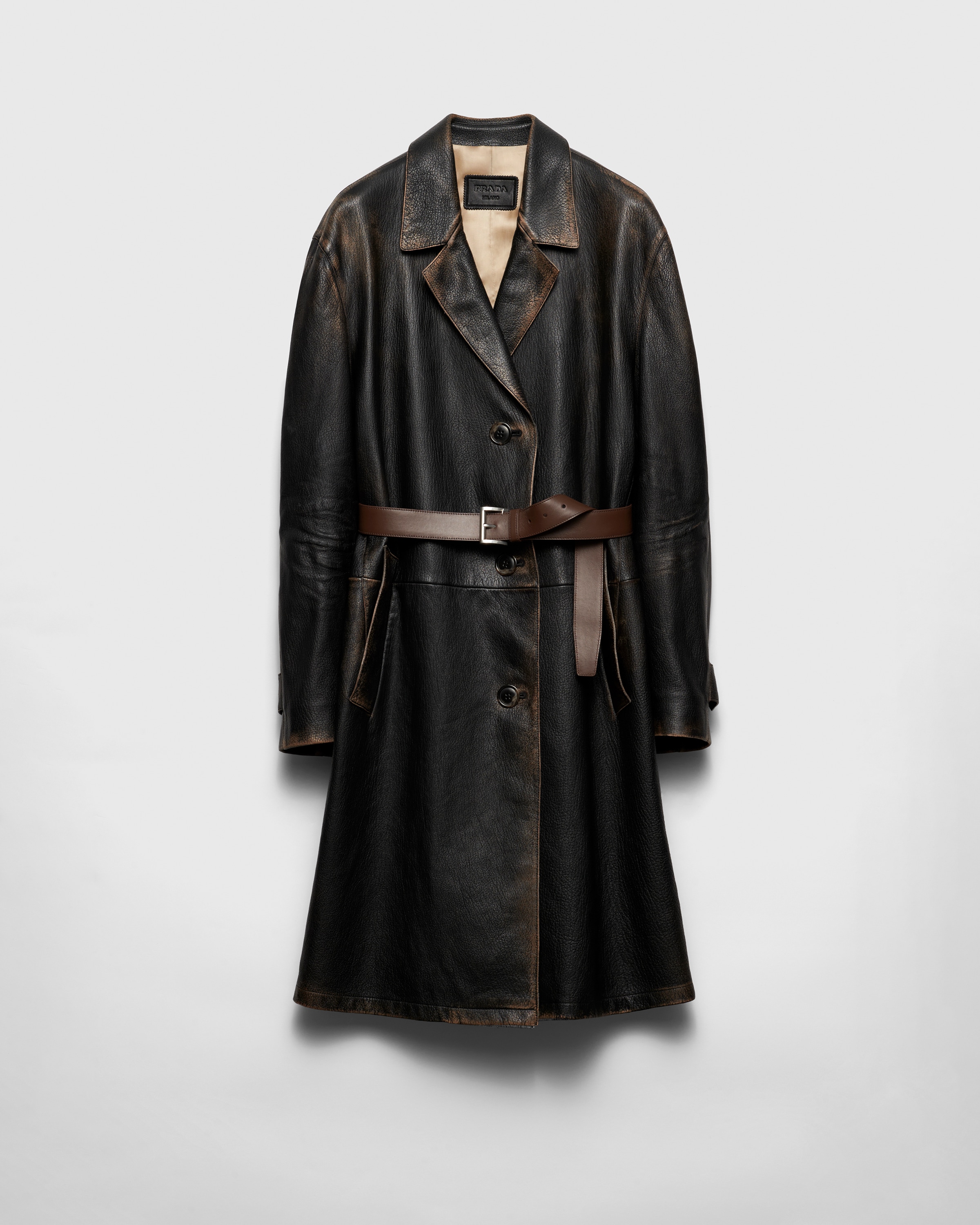 Prada Leather Coat In Black