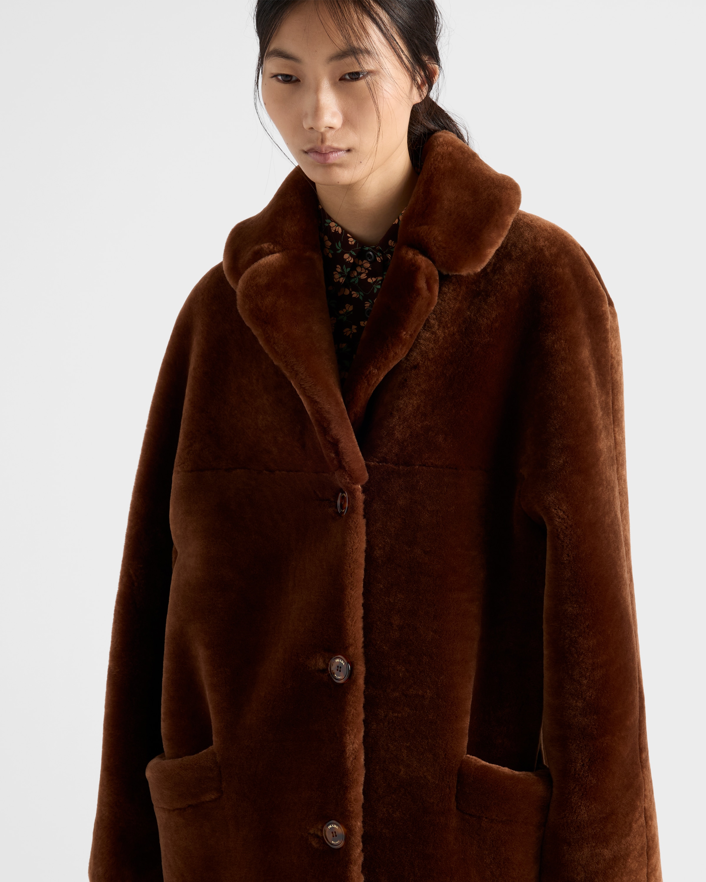 Prada Shearling Coat In Brown
