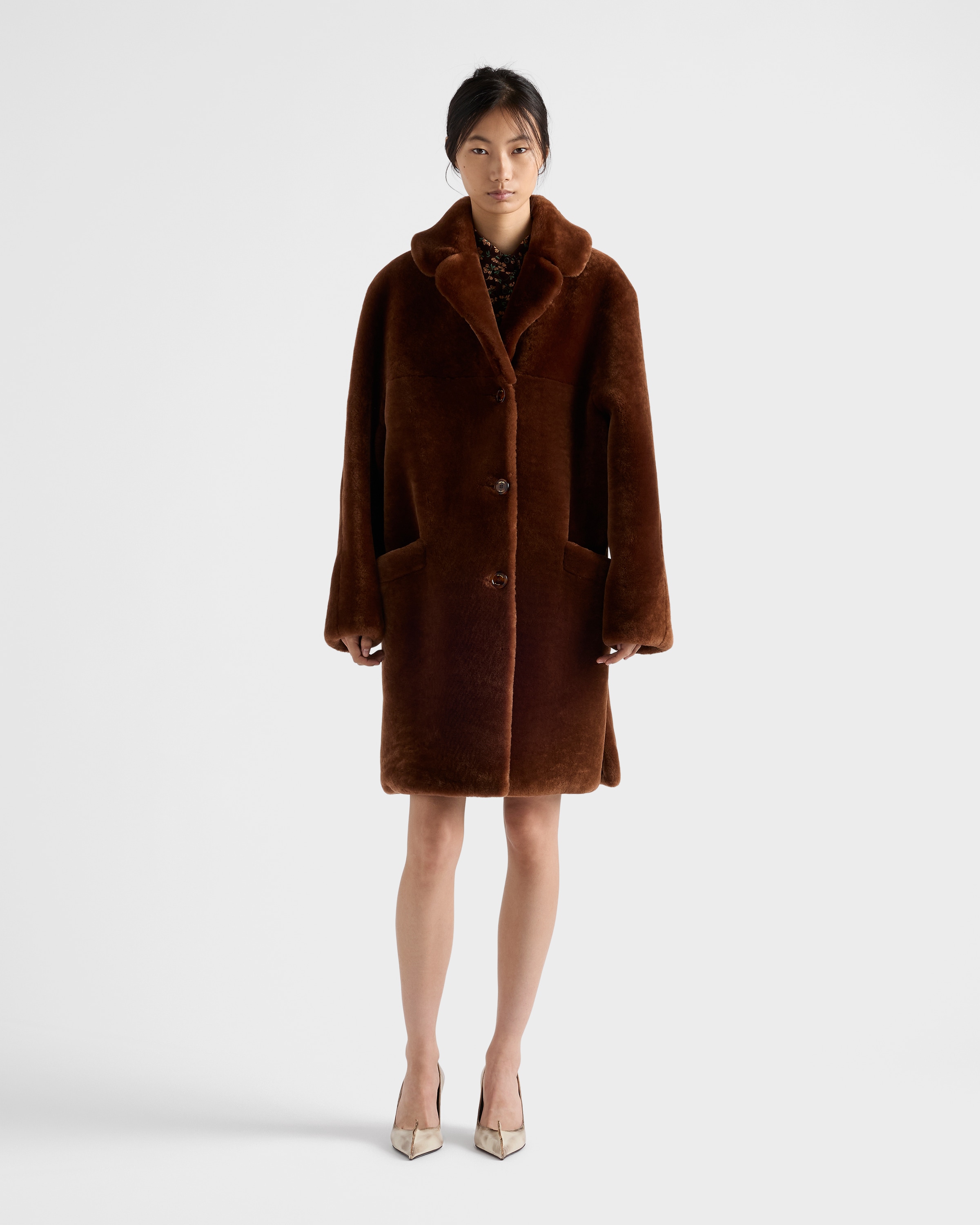 Prada Shearling Coat In Brown